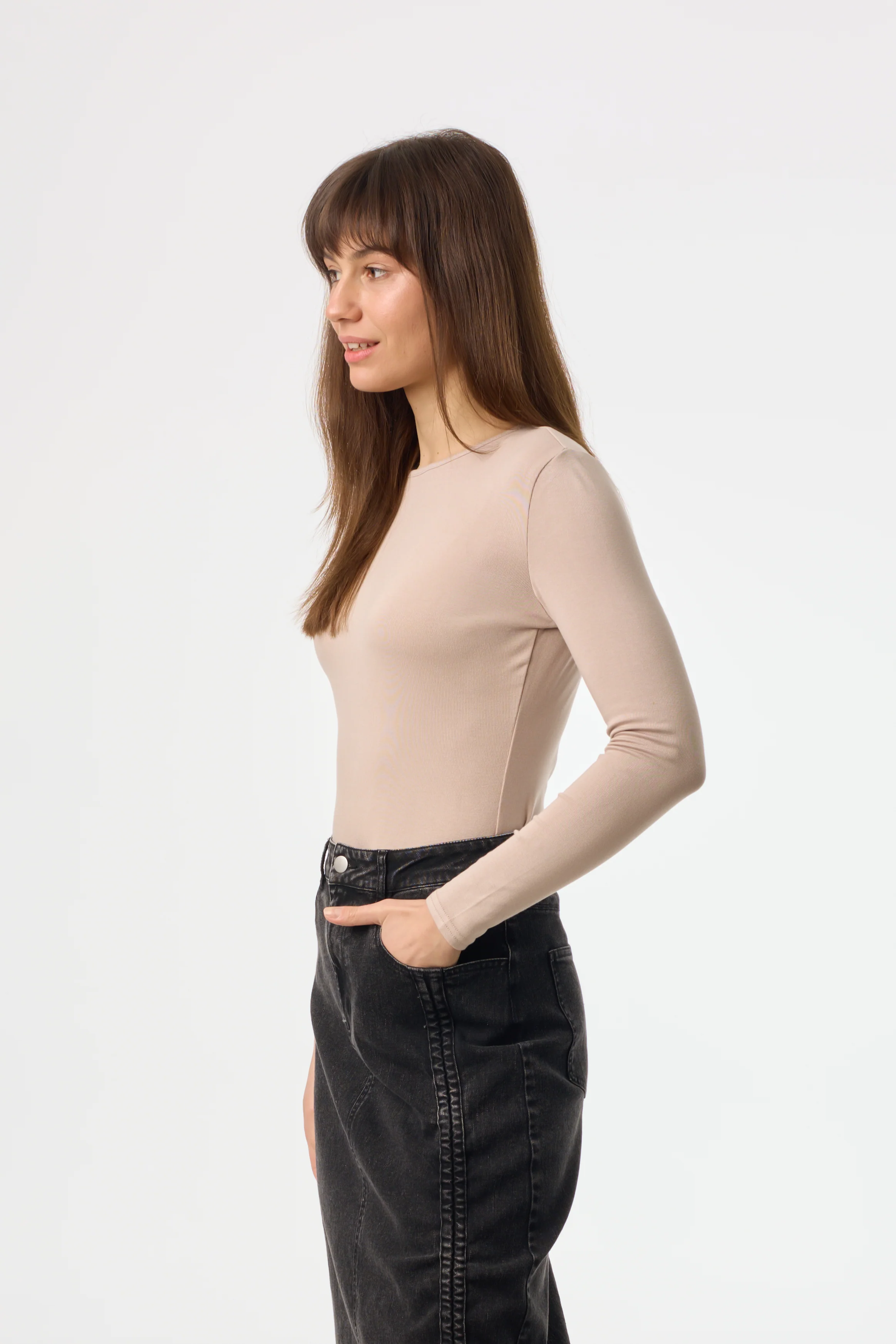 Bone Solid Round Neck Long Sleeve T-Shirt - Image 2