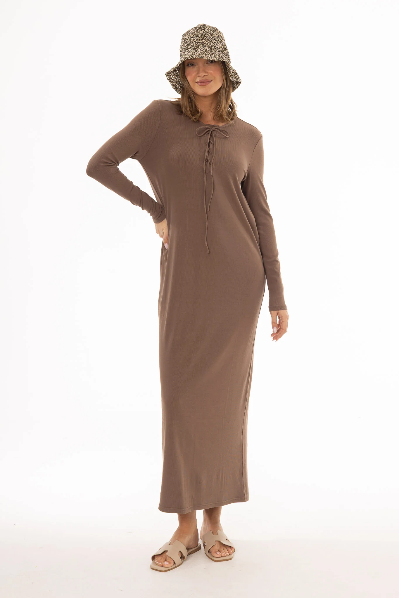 Brown Criss Cross Tie Maxi Dress - Image 2