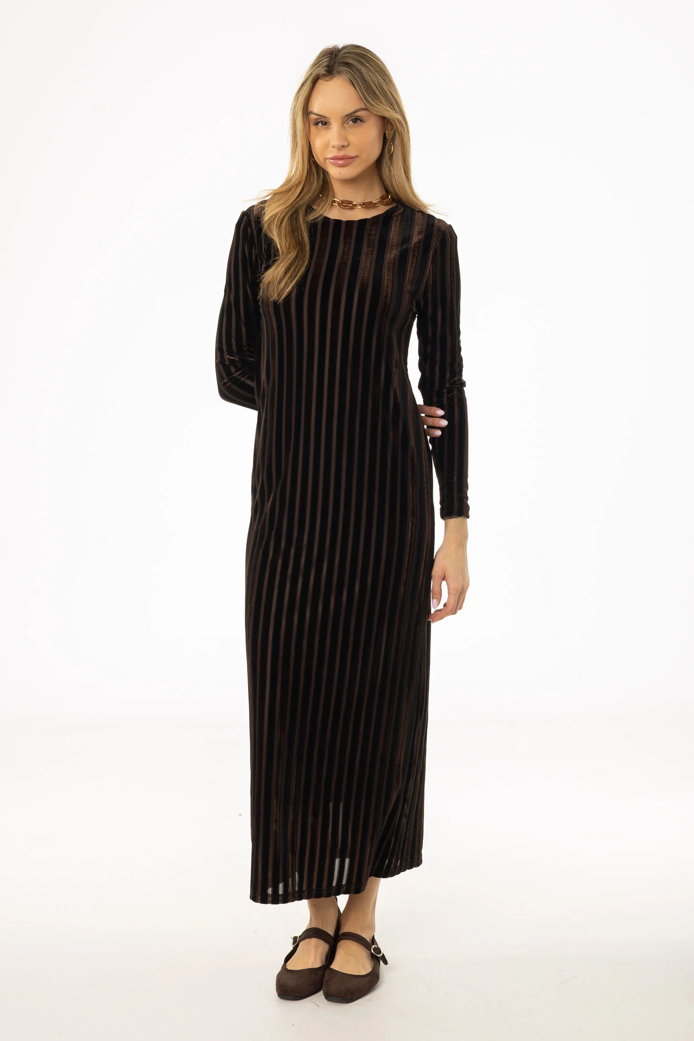 Brown Double Ribbed Velour Maxi Dress - Image 4