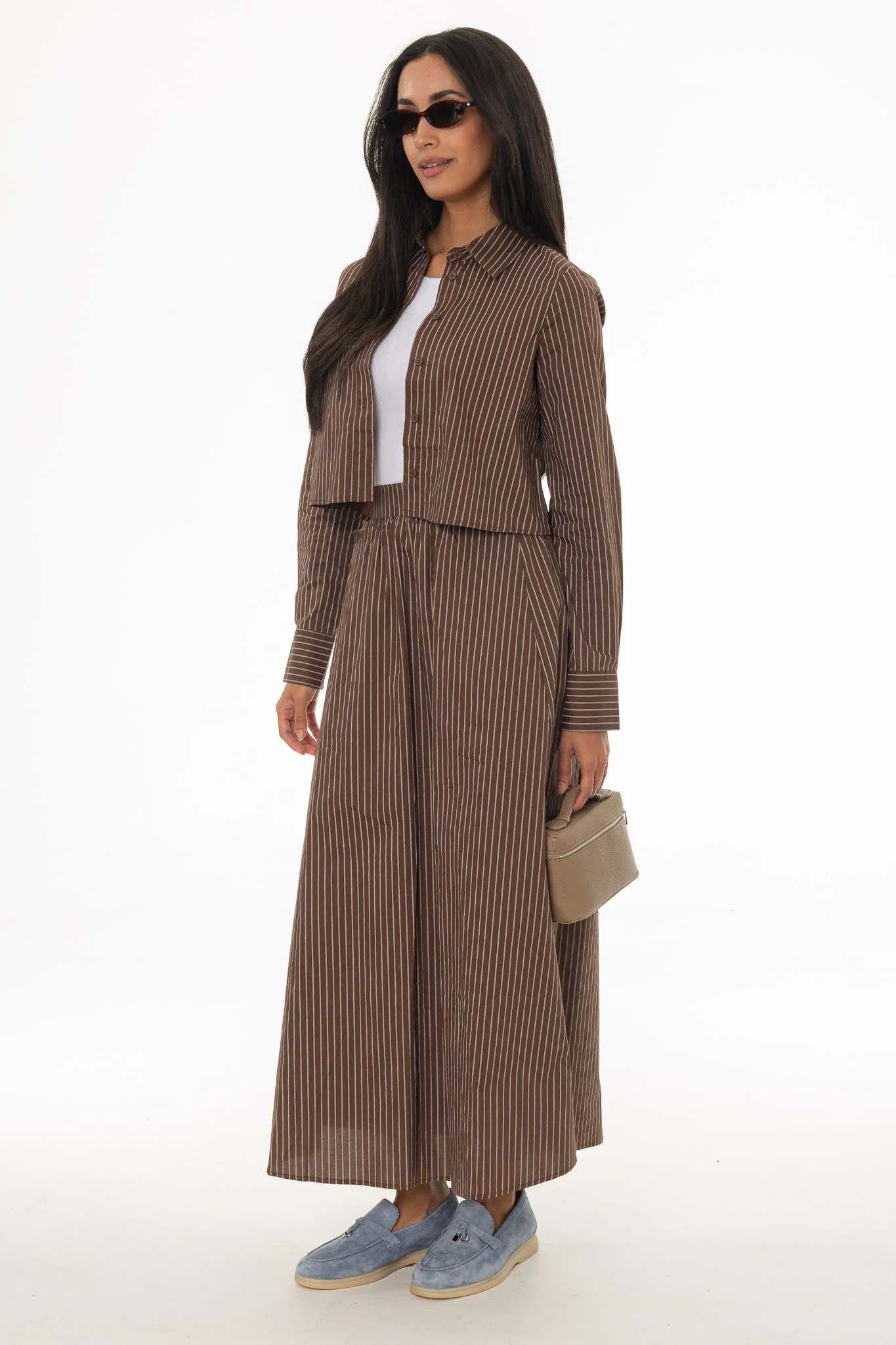 Brown Double Striped Cotton Maxi Skirt - Image 3