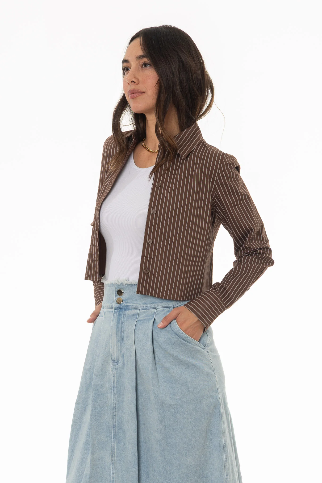 Brown Double Striped Cropped Blouse - Image 3