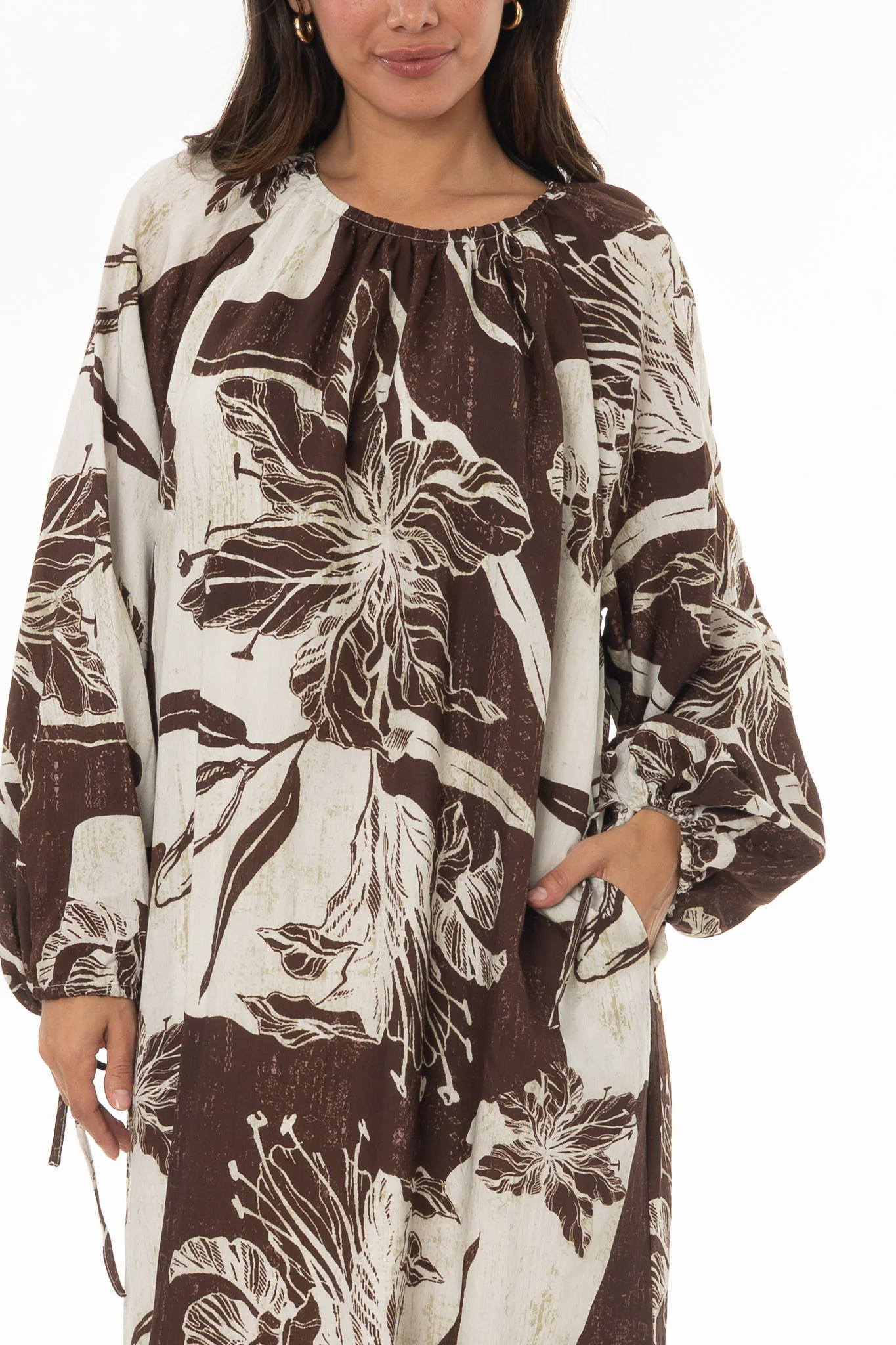 Brown Floral Balloon Sleeve Oversized Maxi Dress - Image 2