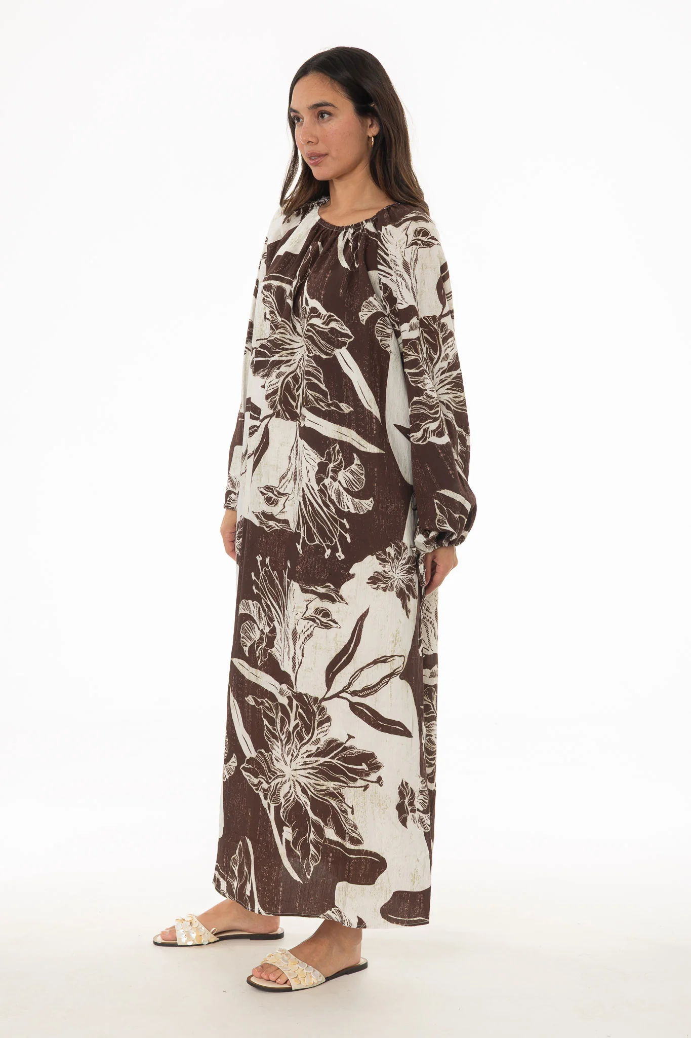 Brown Floral Balloon Sleeve Oversized Maxi Dress - Image 3