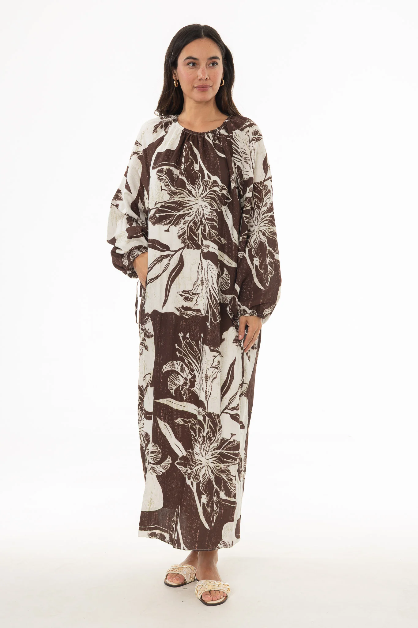 Brown Floral Balloon Sleeve Oversized Maxi Dress - Image 5