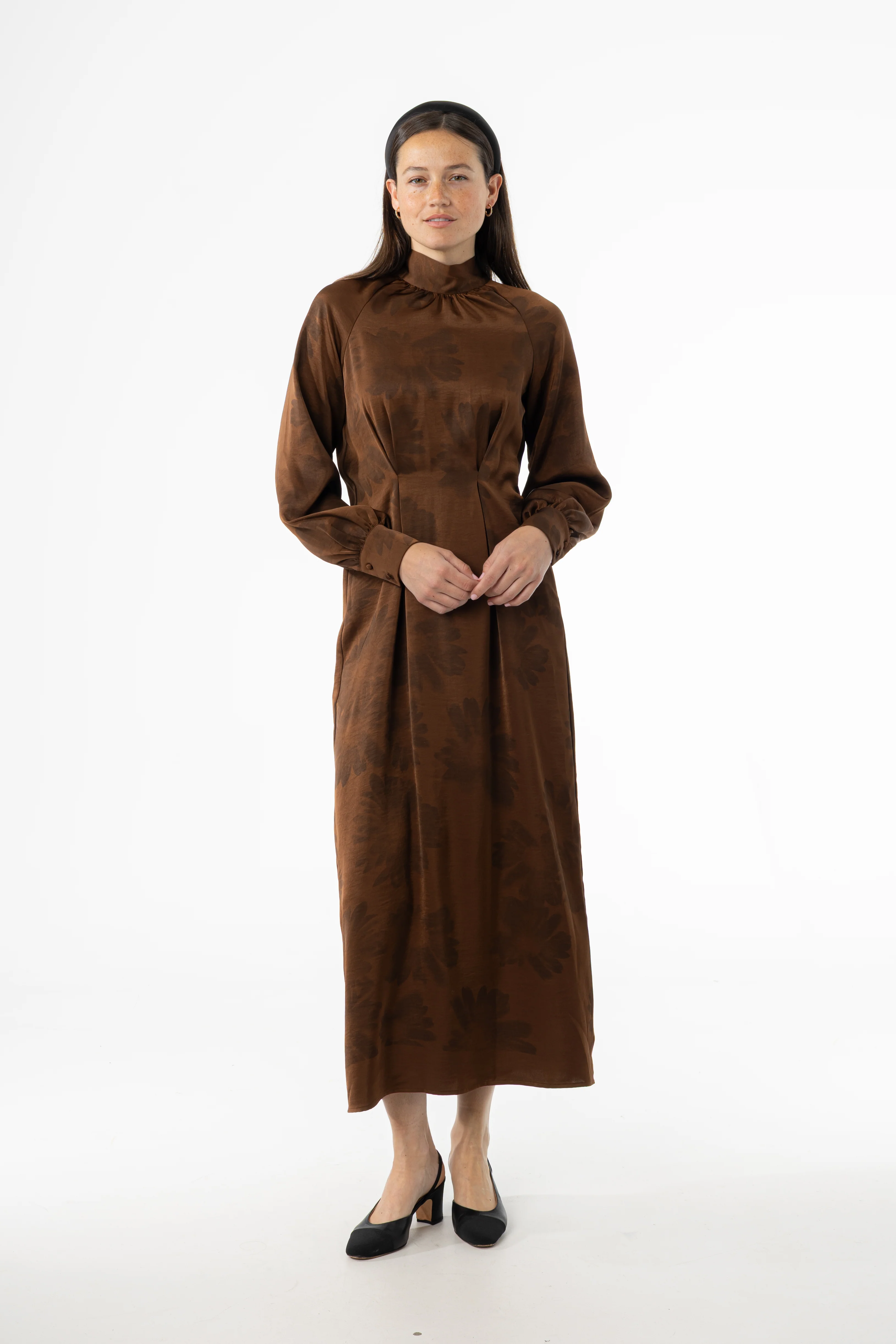 Brown Floral Printed Tie Neck Dress