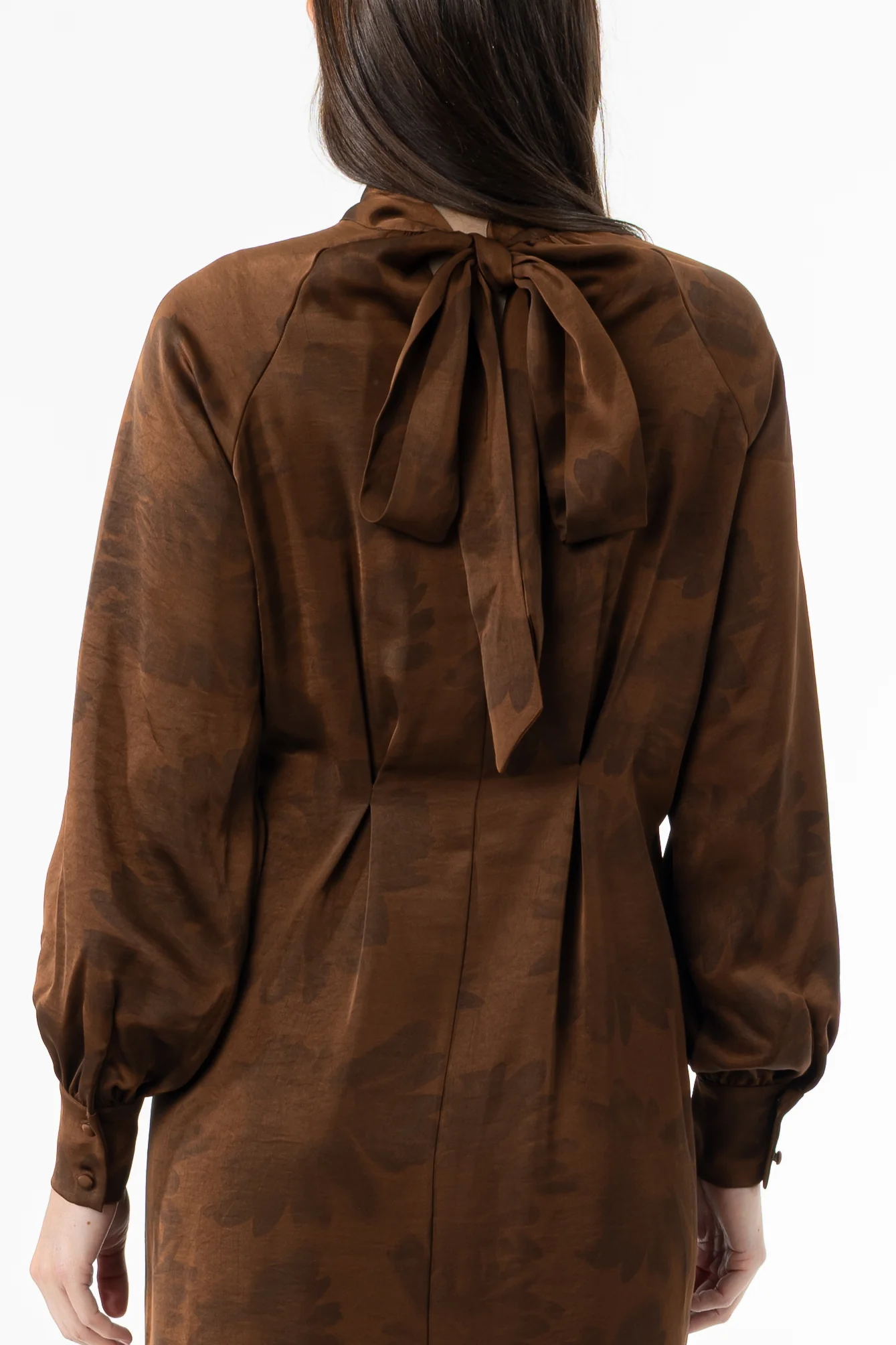 Brown Floral Printed Tie Neck Dress - Image 2