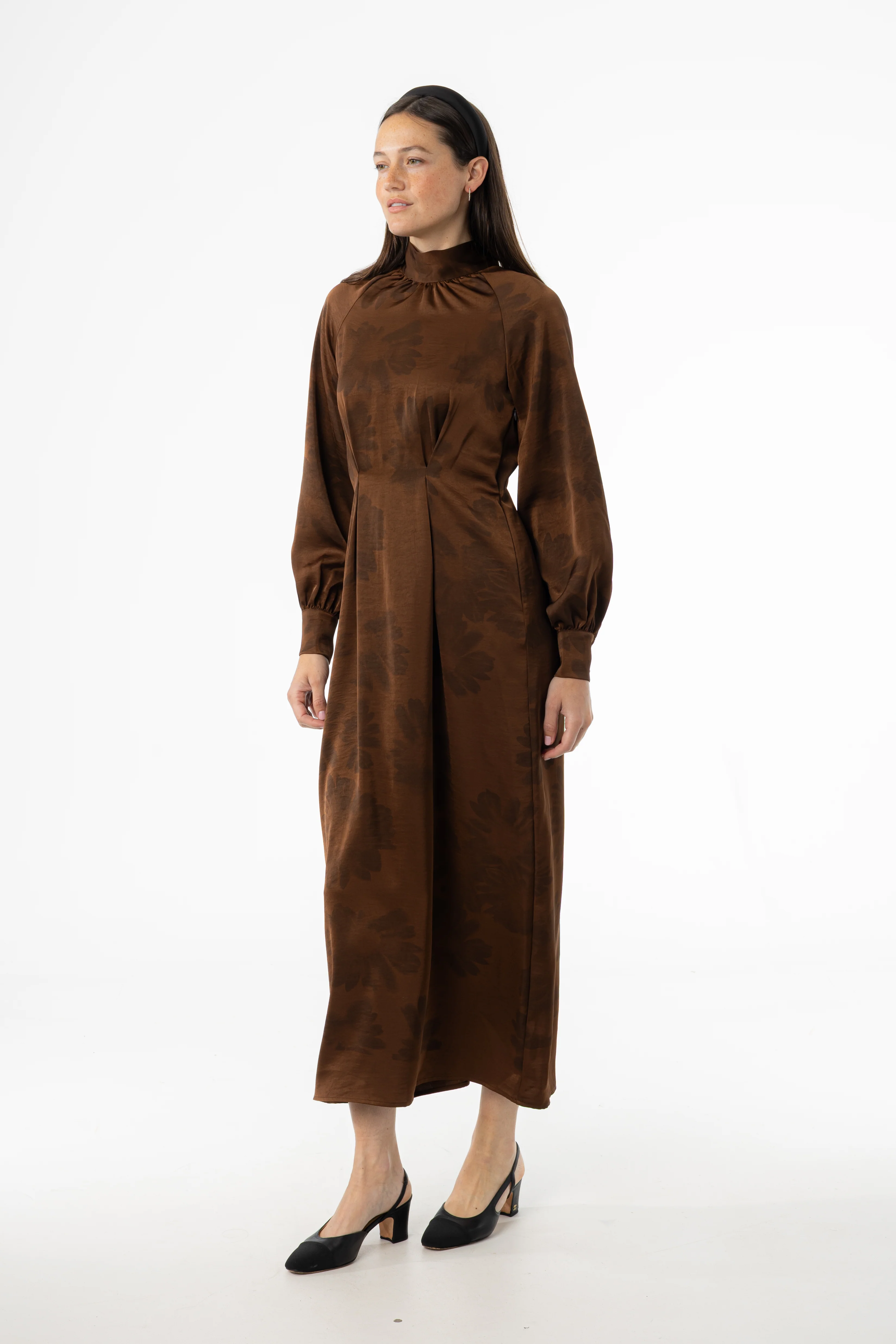 Brown Floral Printed Tie Neck Dress - Image 3