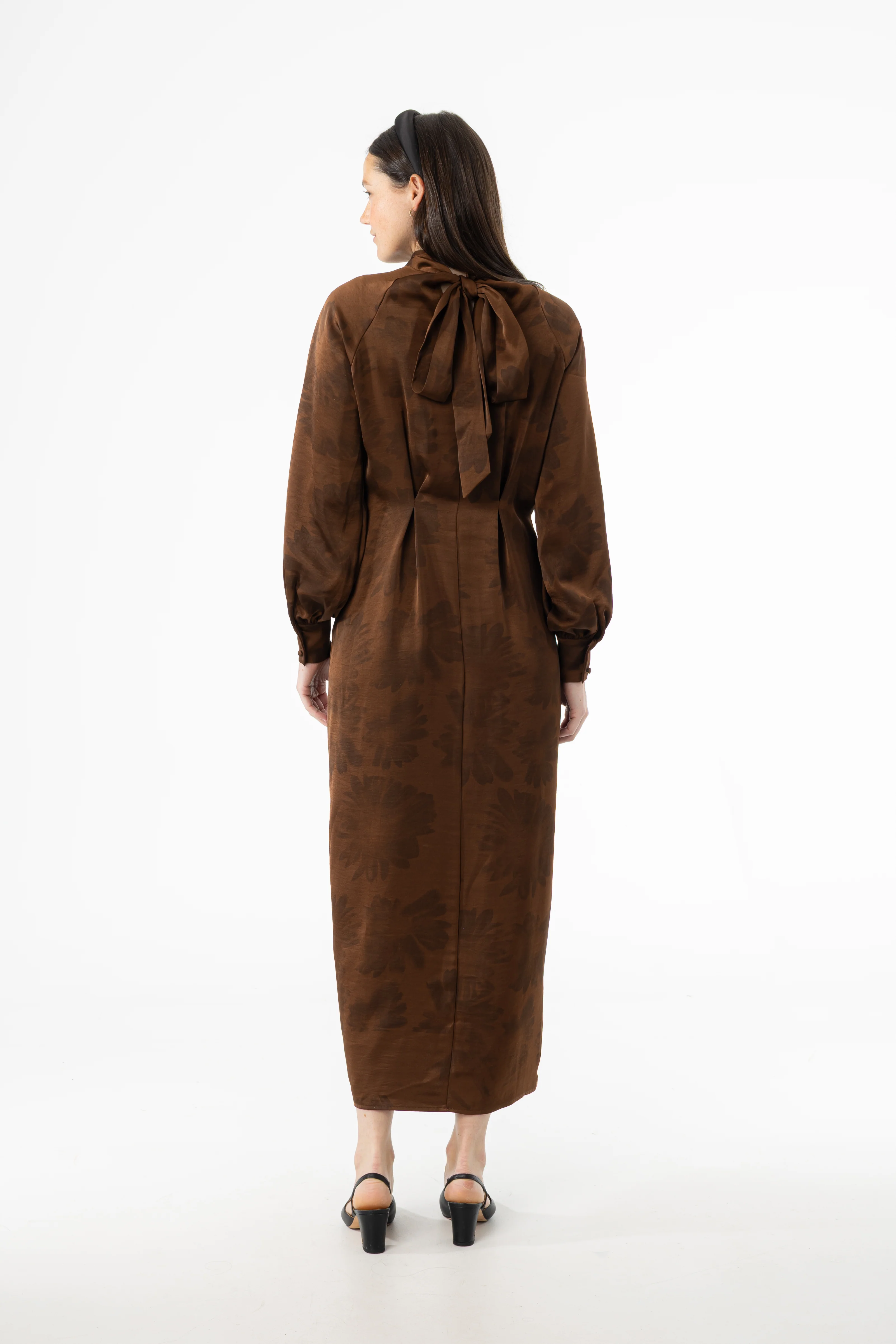 Brown Floral Printed Tie Neck Dress - Image 4