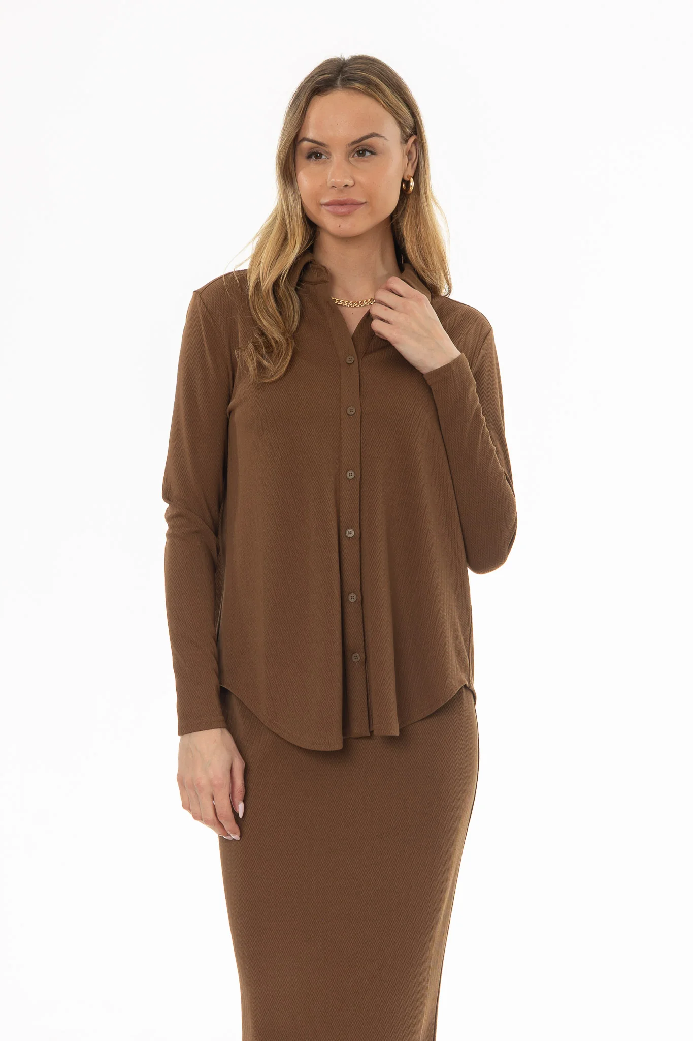Brown Herringbone Textured Shirt - Image 3