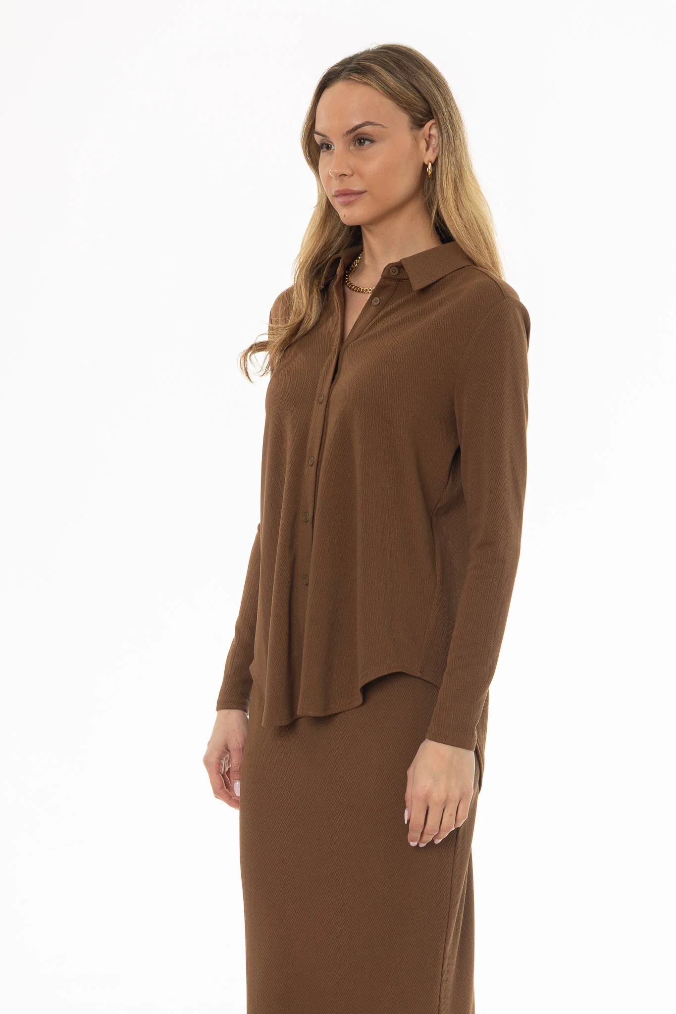Brown Herringbone Textured Shirt - Image 4