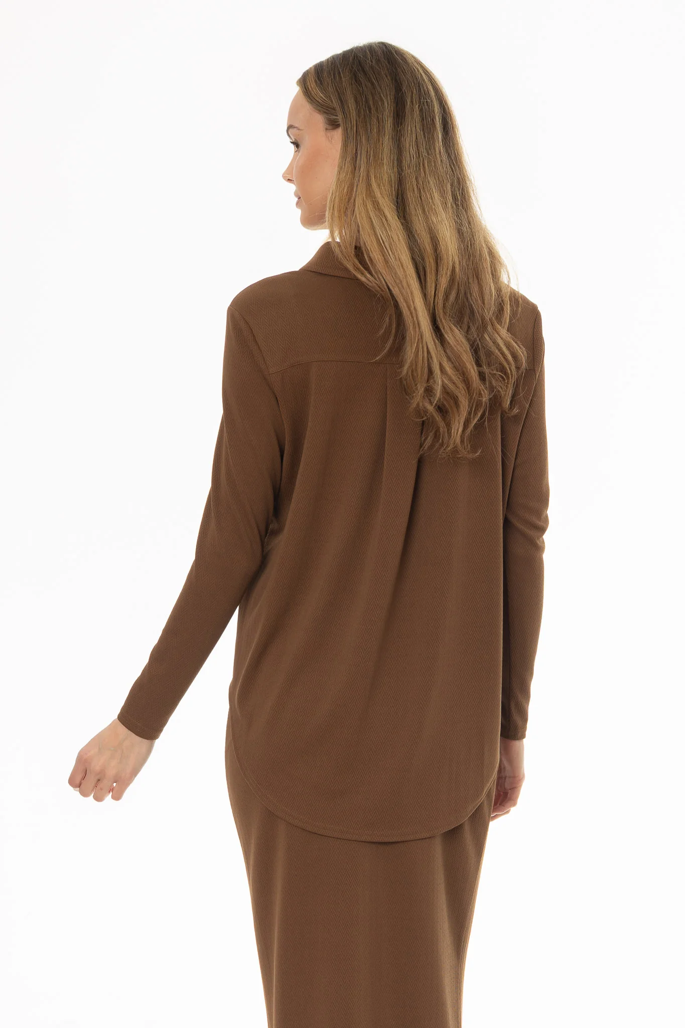 Brown Herringbone Textured Shirt - Image 5