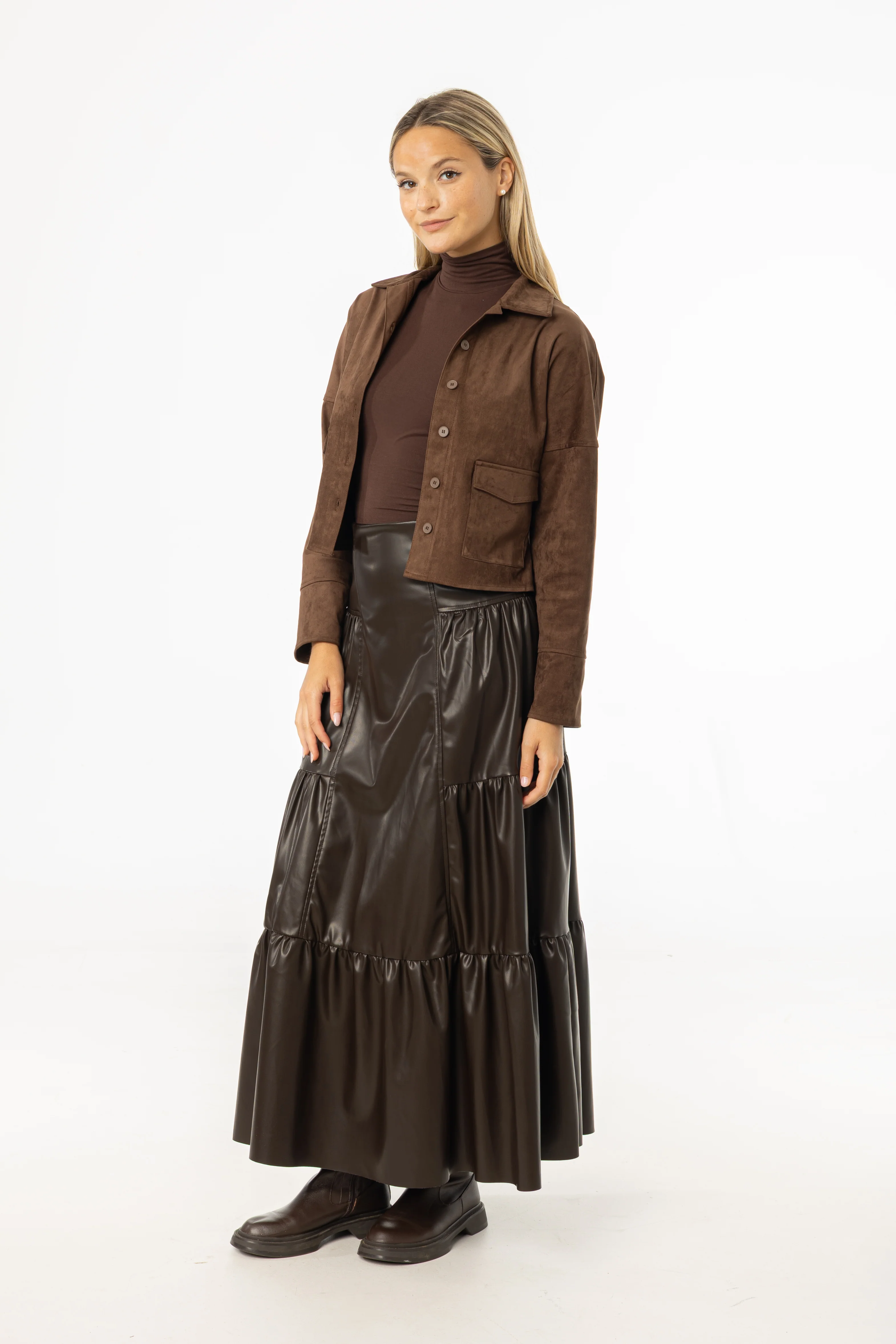 Brown Layered Faux Leather Skirt - Image 2