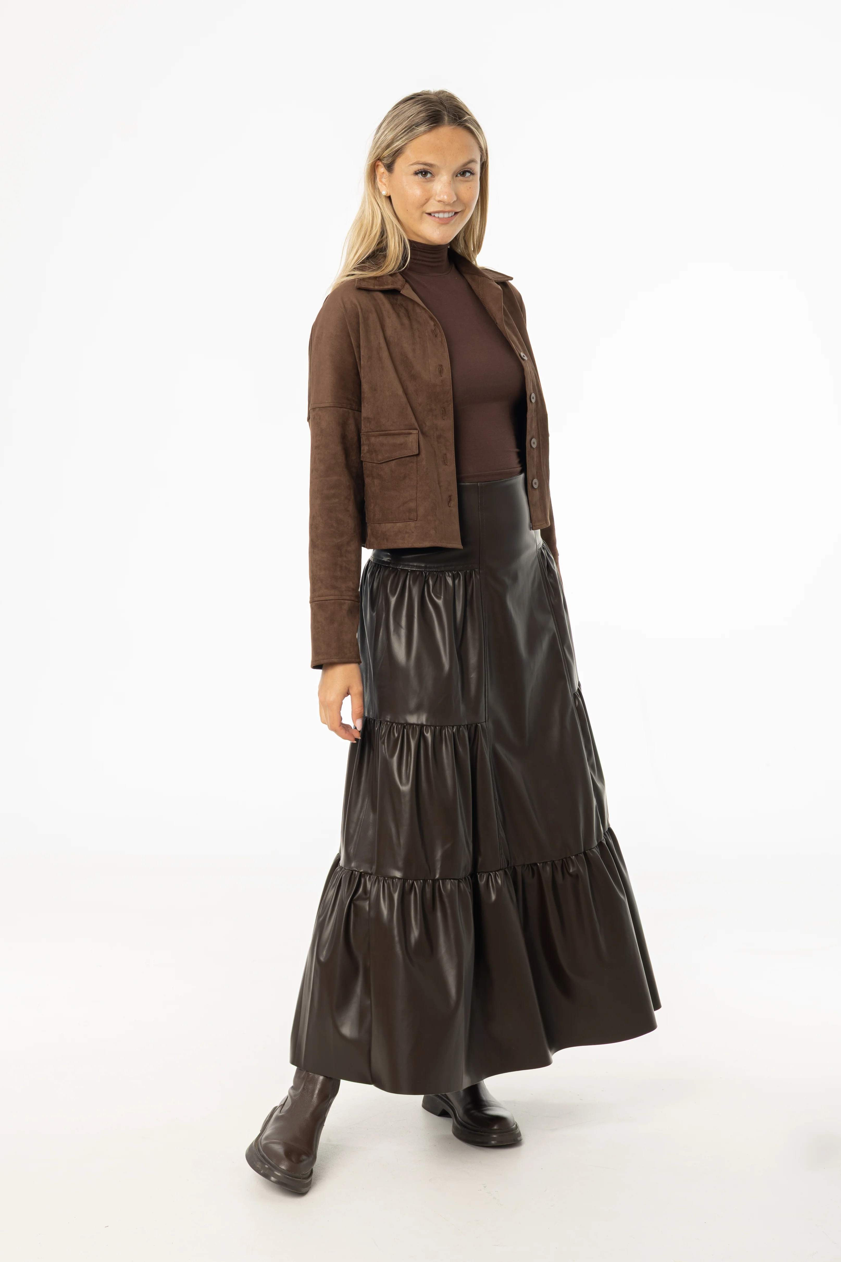 Brown Layered Faux Leather Skirt - Image 4
