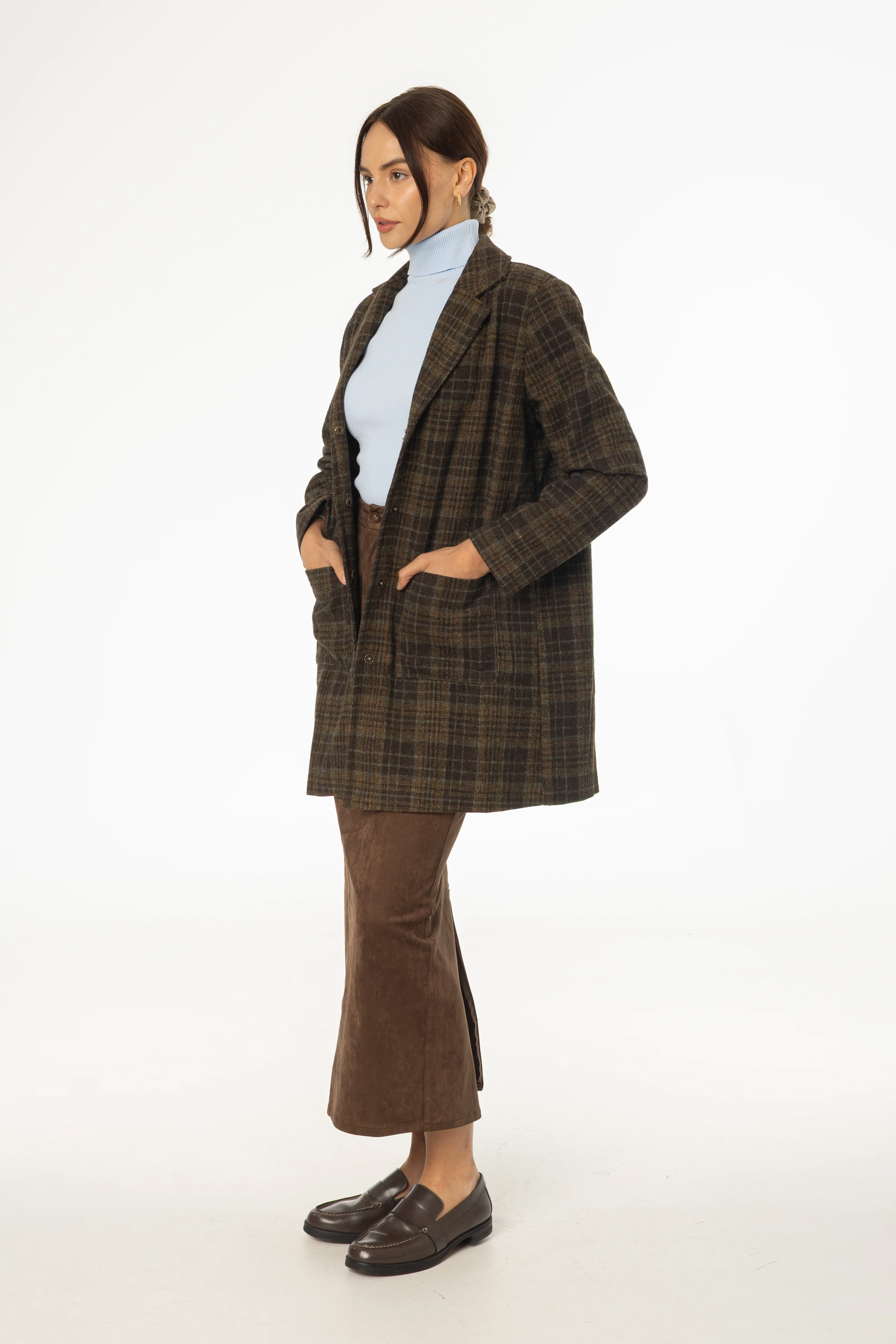 Brown Plaid Wool Coat - Image 3