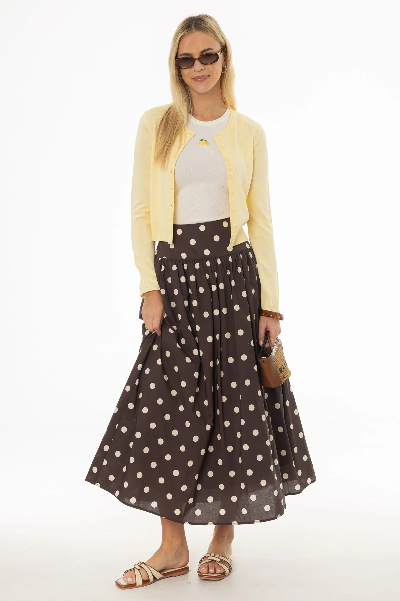 Brown Polka Dot Printed Waisted Maxi Skirt - Image 2