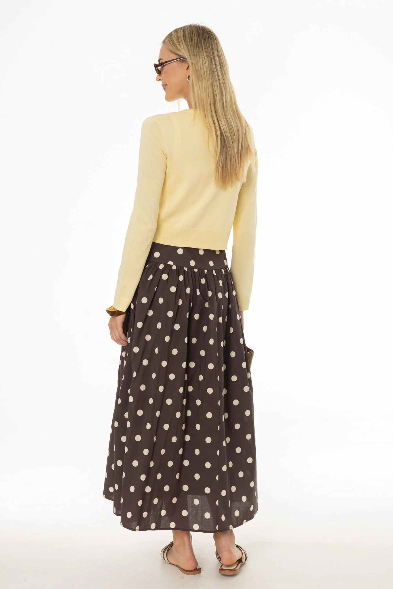 Brown Polka Dot Printed Waisted Maxi Skirt - Image 4