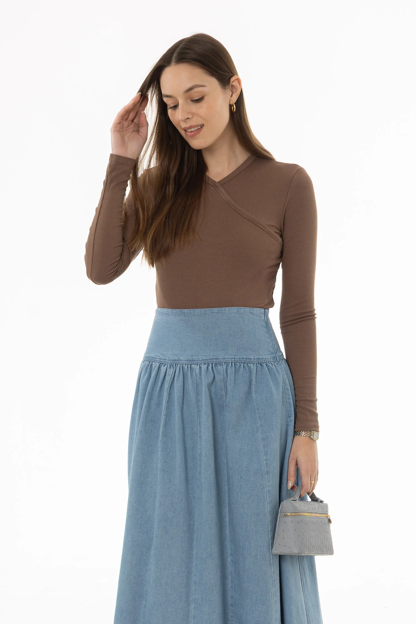Brown Ribbed Faux Wrap T-Shirt