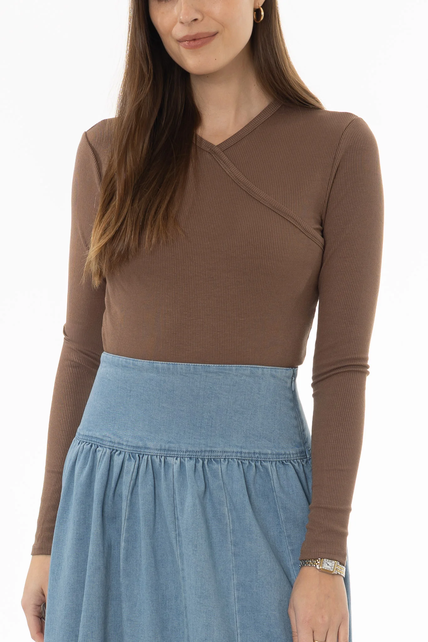 Brown Ribbed Faux Wrap T-Shirt - Image 2