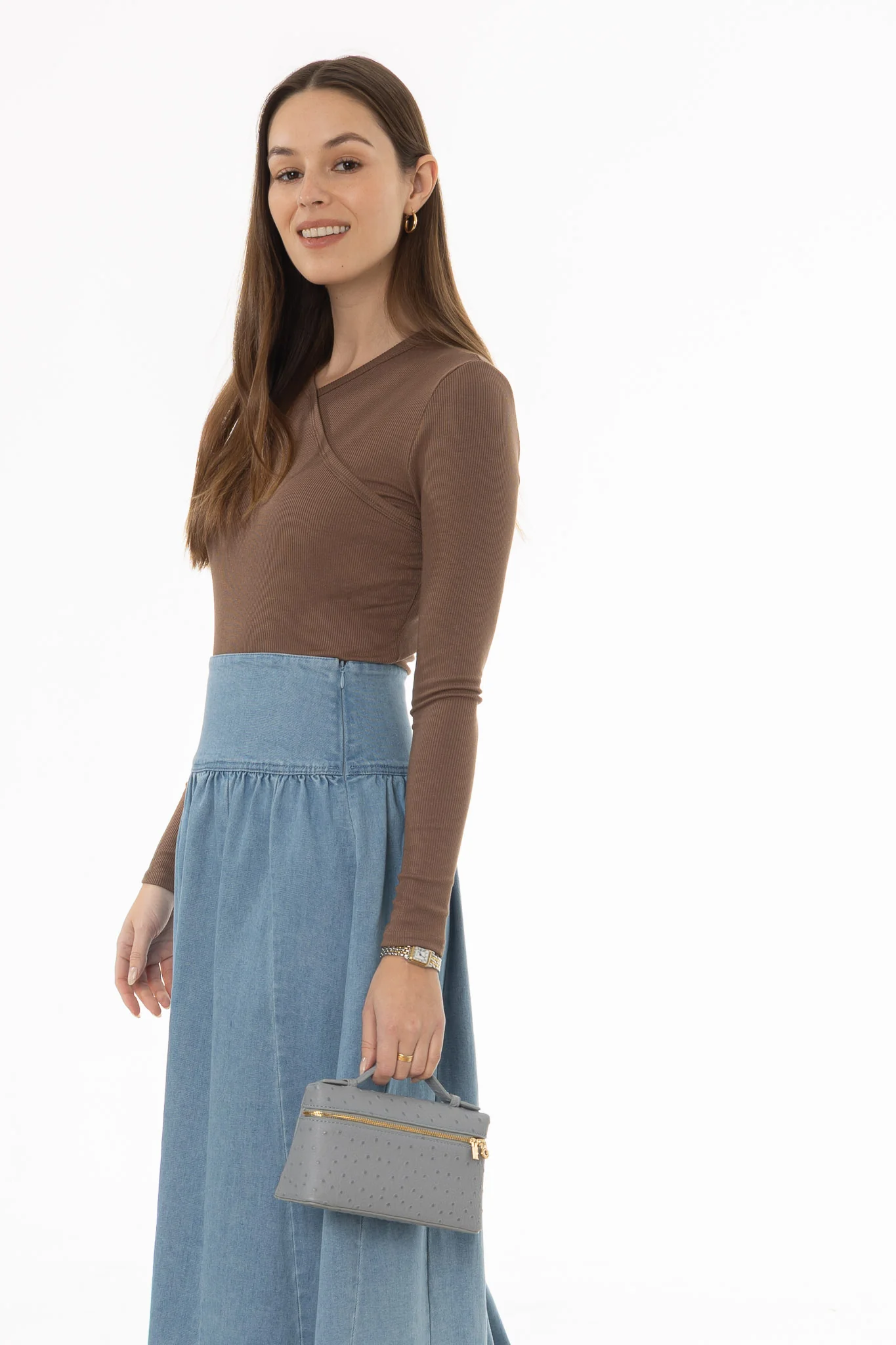 Brown Ribbed Faux Wrap T-Shirt - Image 3