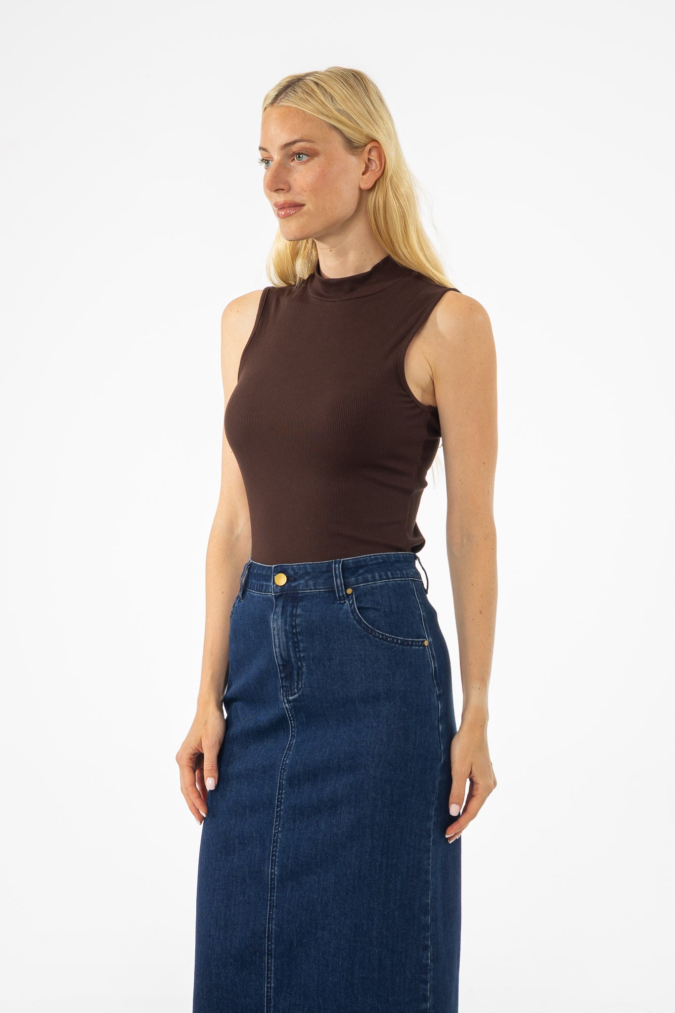 Brown Ribbed Sleeveless Mock Neck Top - Image 2