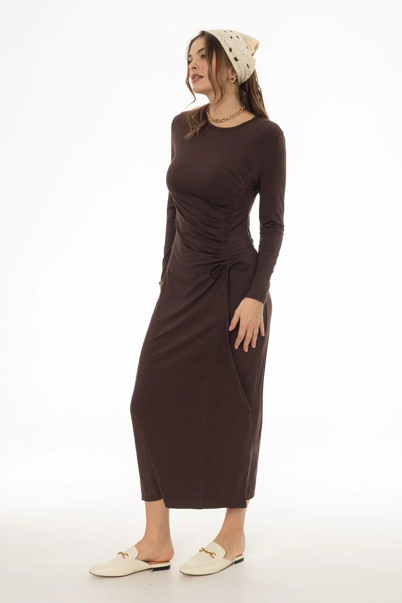 Brown Side Ruched Maxi Dress - Image 3