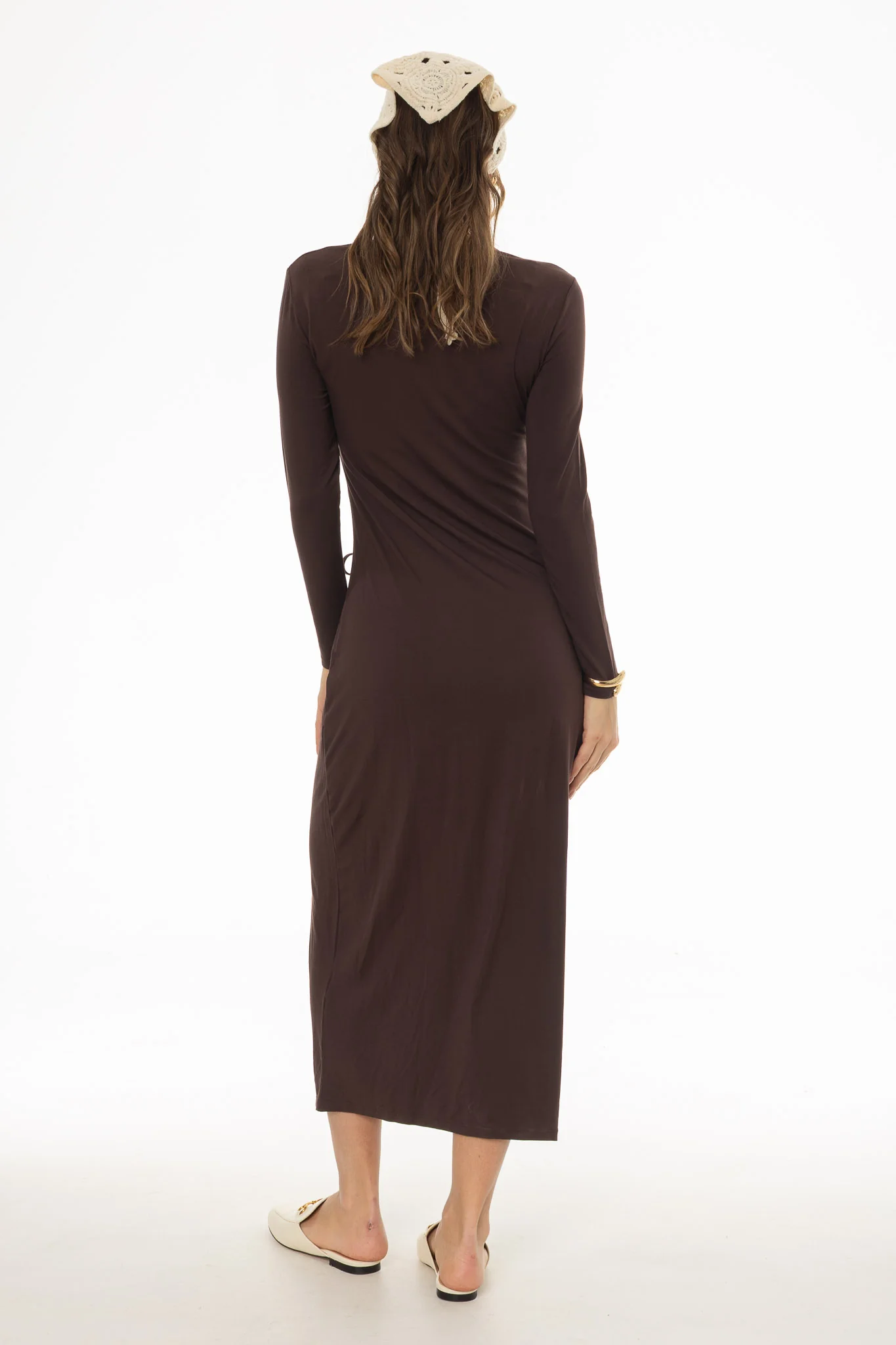 Brown Side Ruched Maxi Dress - Image 4