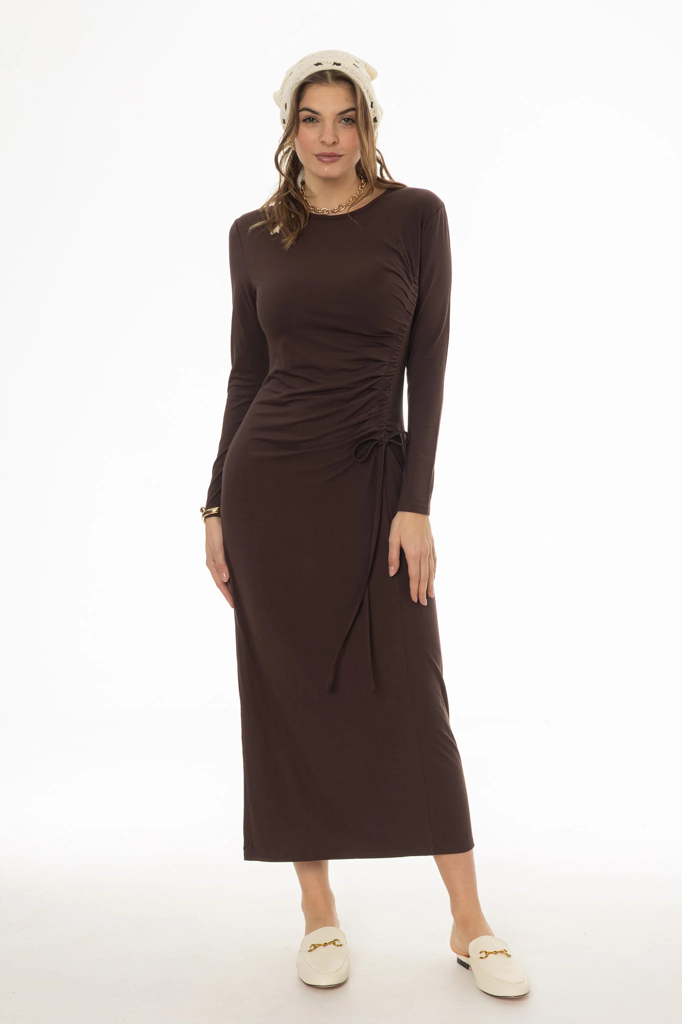 Brown Side Ruched Maxi Dress - Image 5