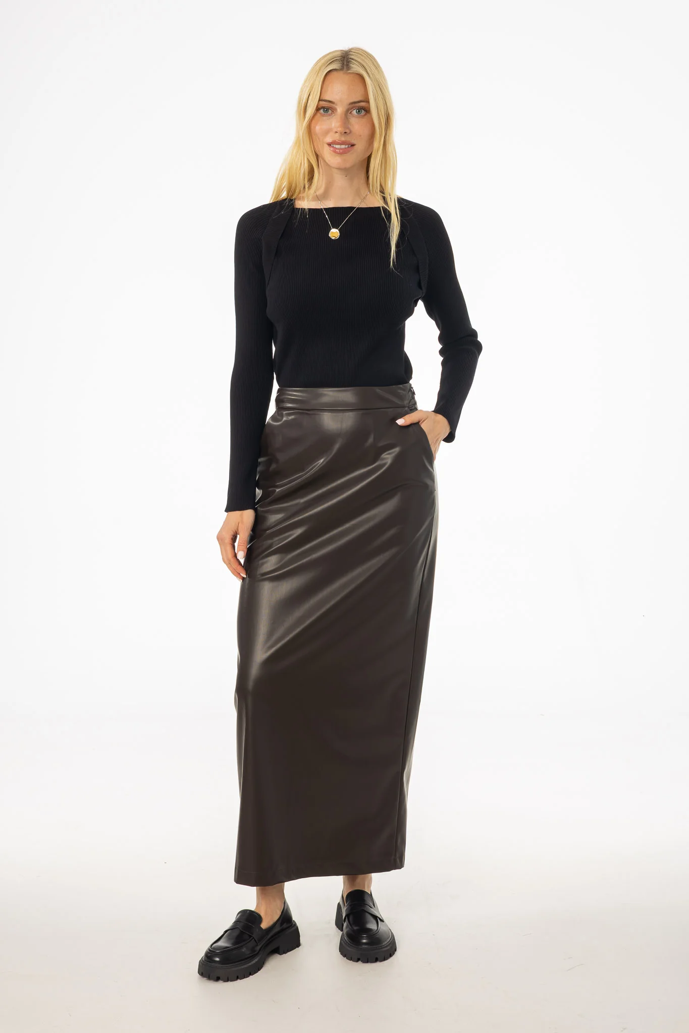 Brown Straight Vegan Leather Skirt - Image 5
