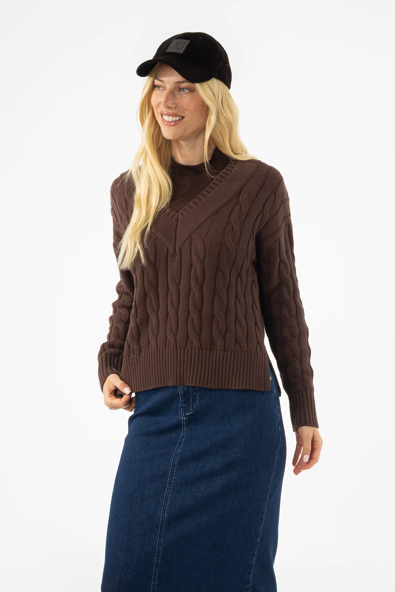 Brown V-Neck Cable Knit Sweater - Image 3