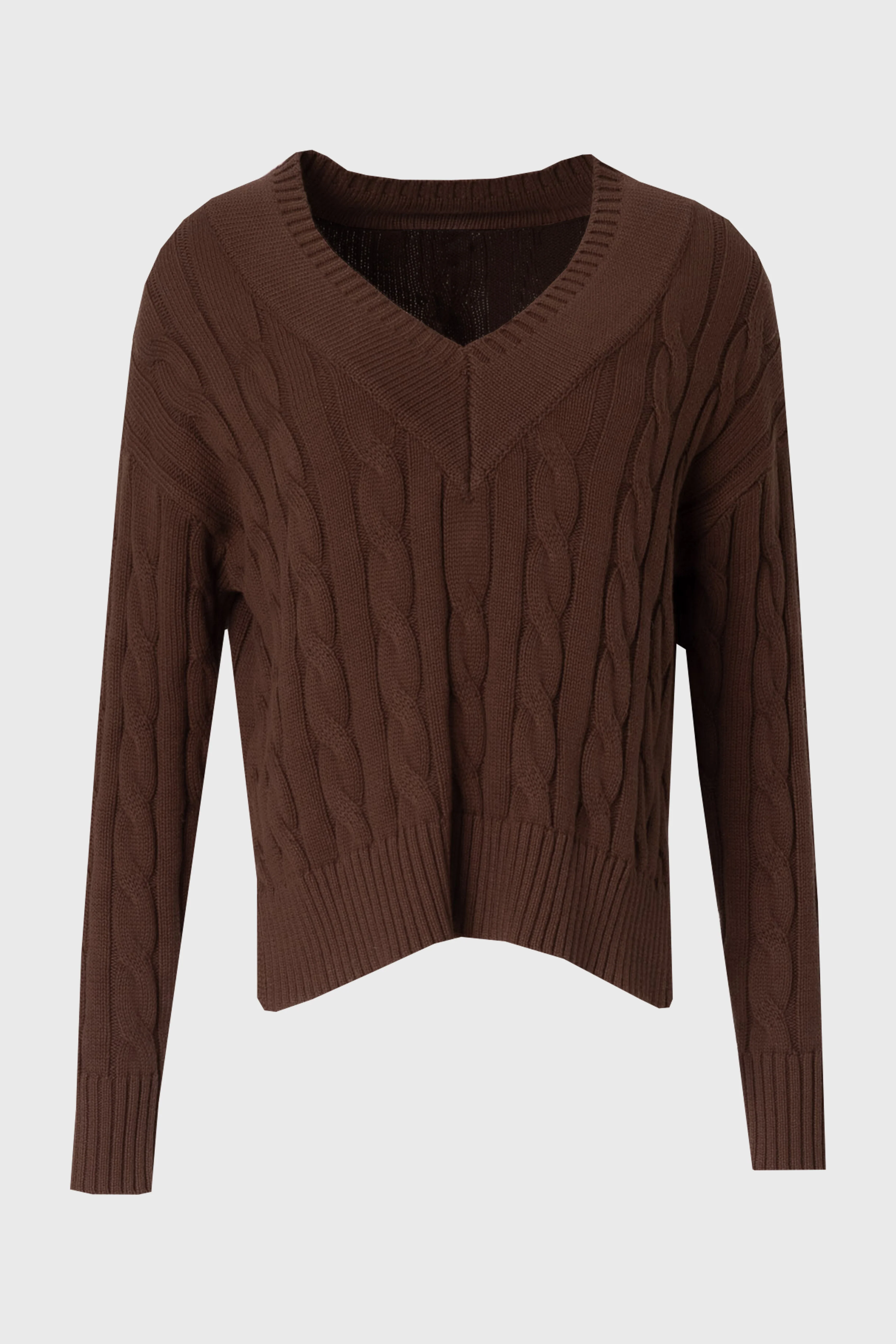 Brown V-Neck Cable Knit Sweater - Image 6