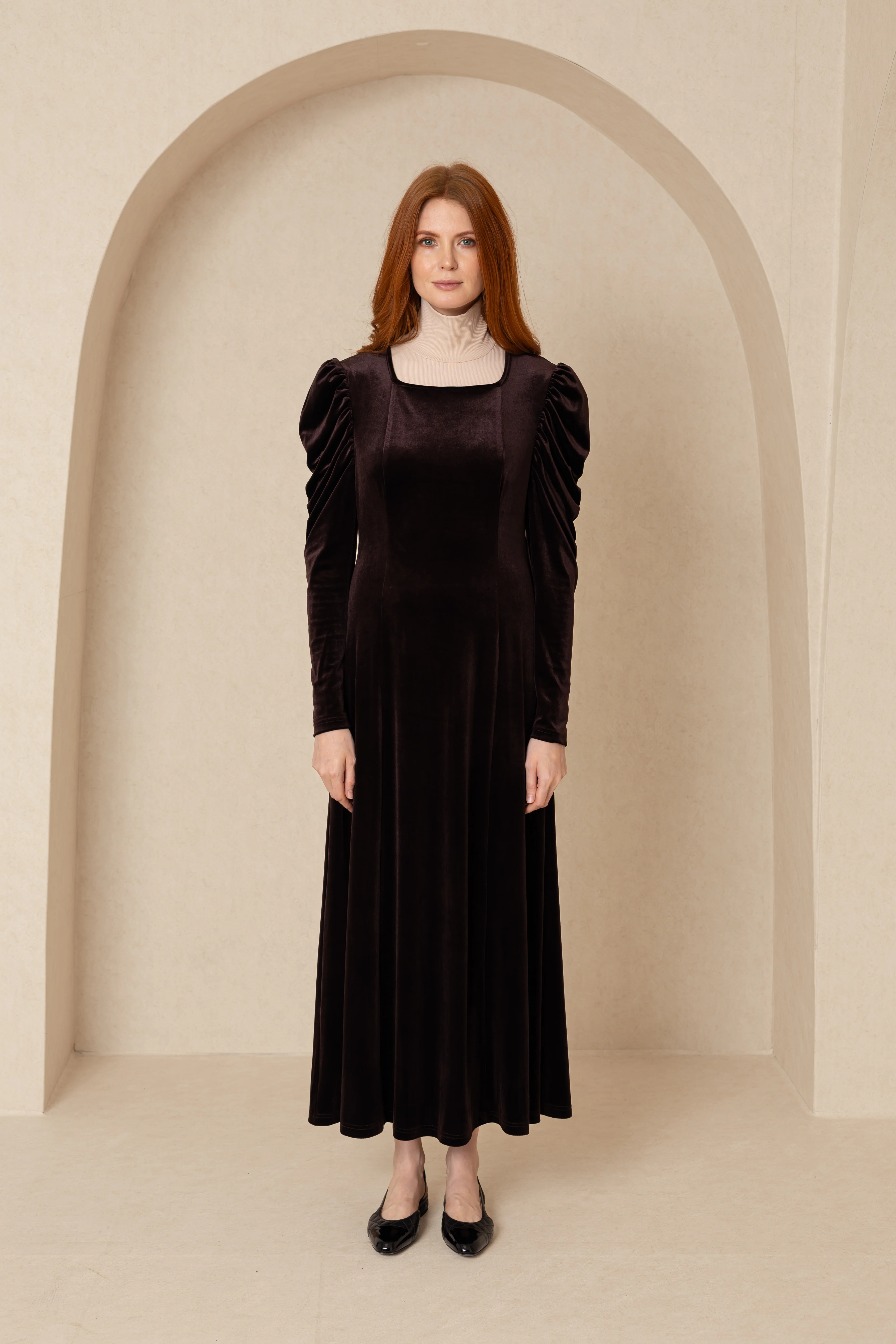 Brown Velvet Square Neck Dress - Image 4