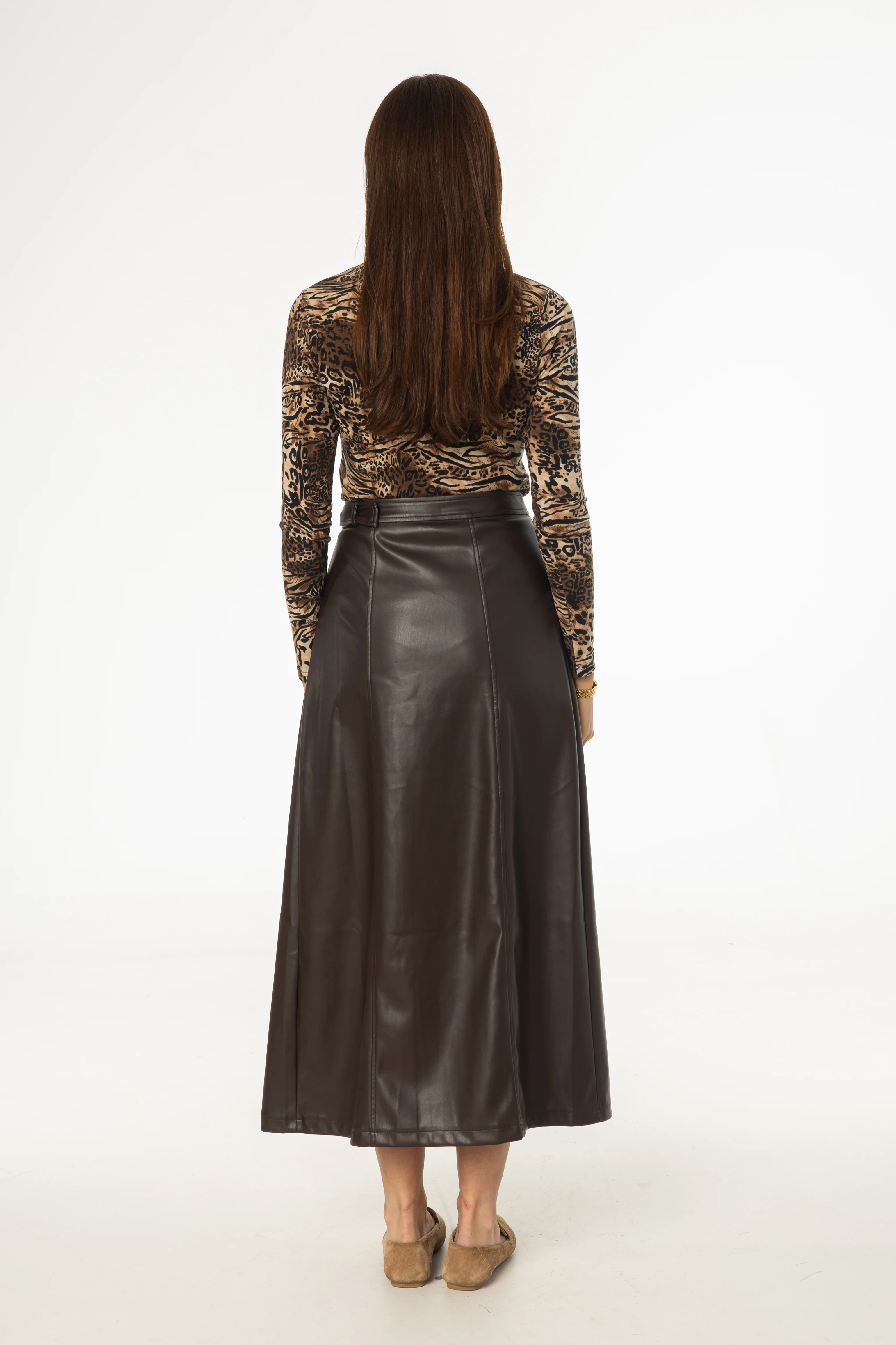 Brown Wrap Vegan Leather Maxi Skirt - Image 3