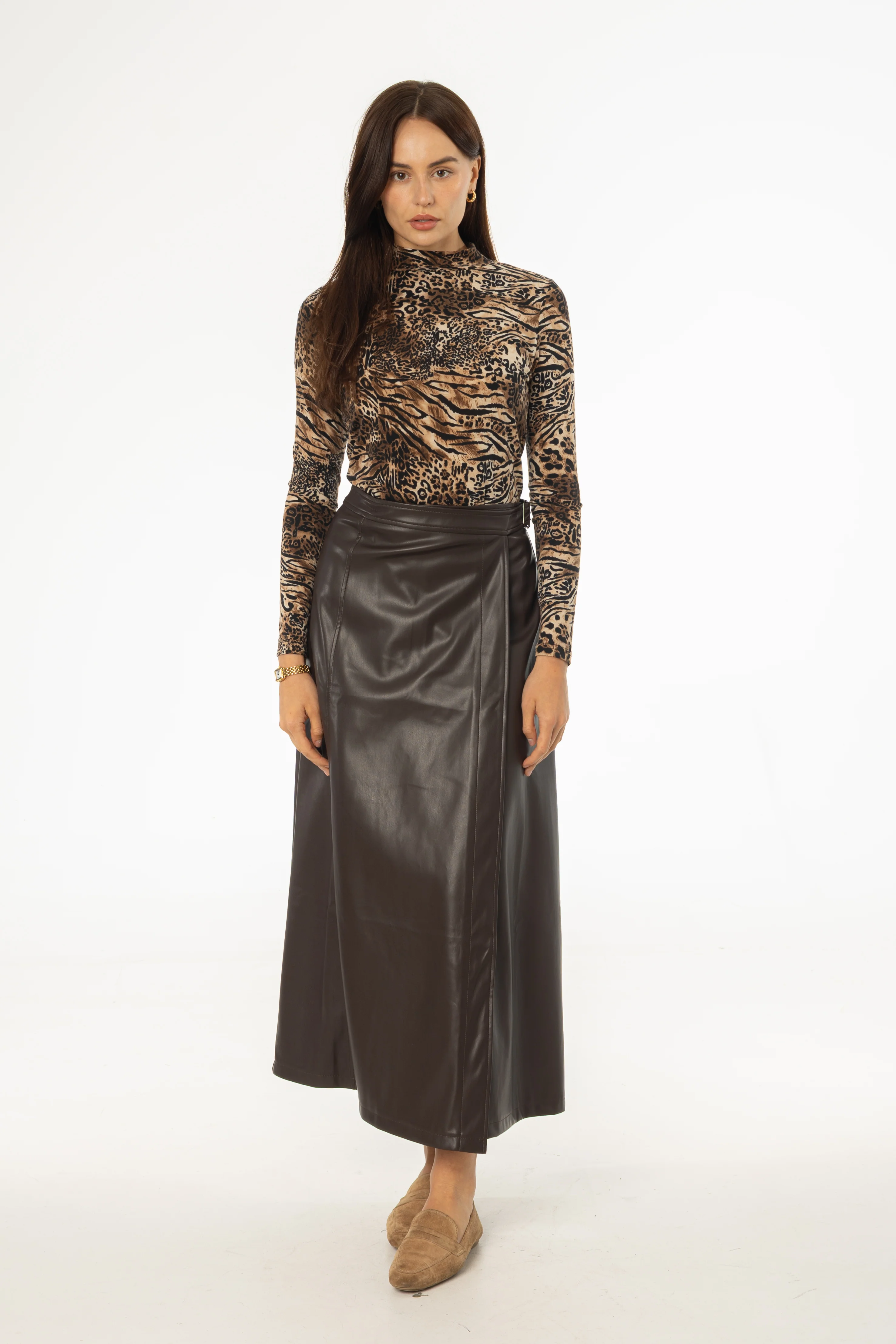 Brown Wrap Vegan Leather Maxi Skirt - Image 4