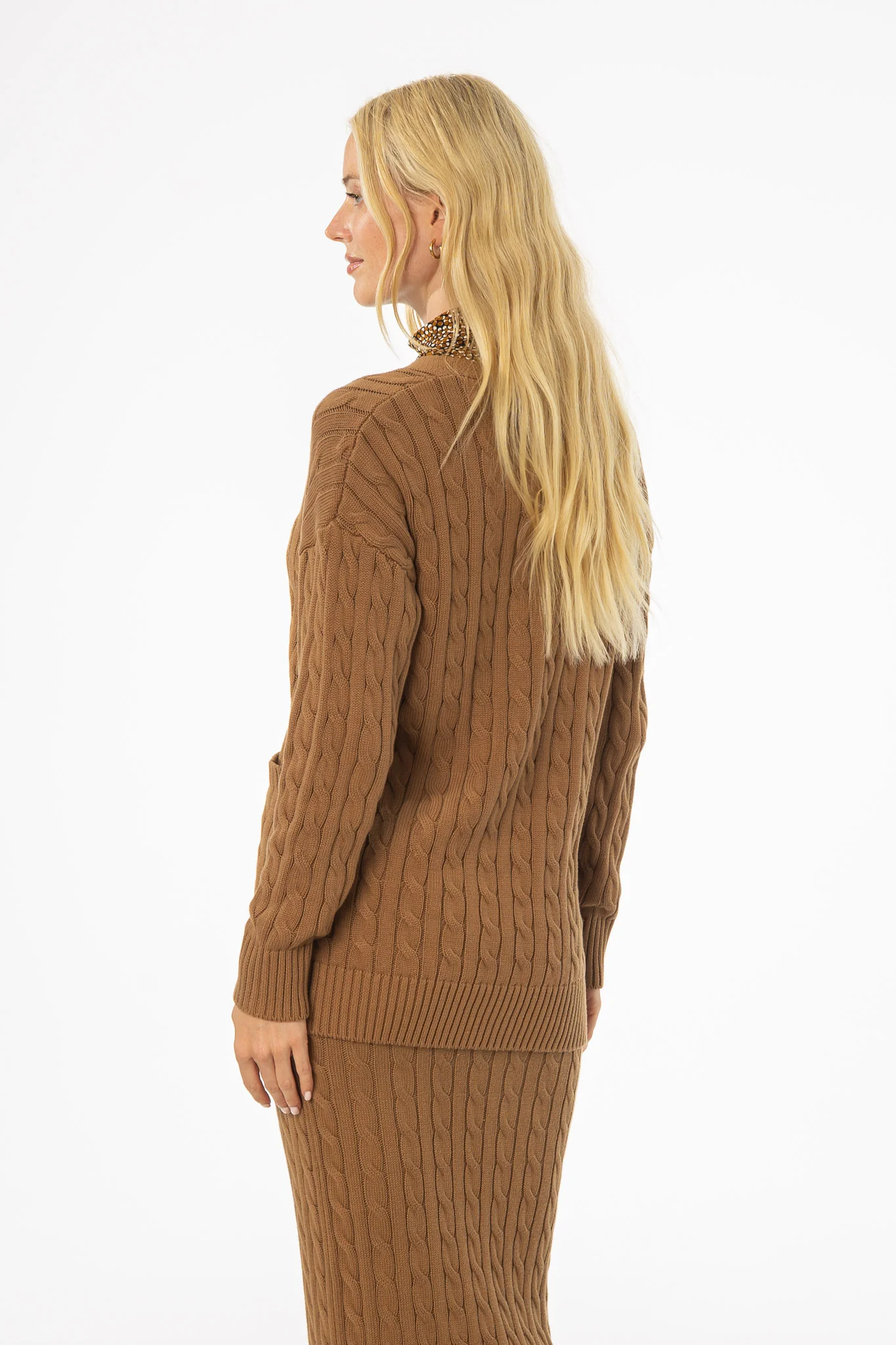 Camel Oversized Cable Knit Cardigan - Image 3