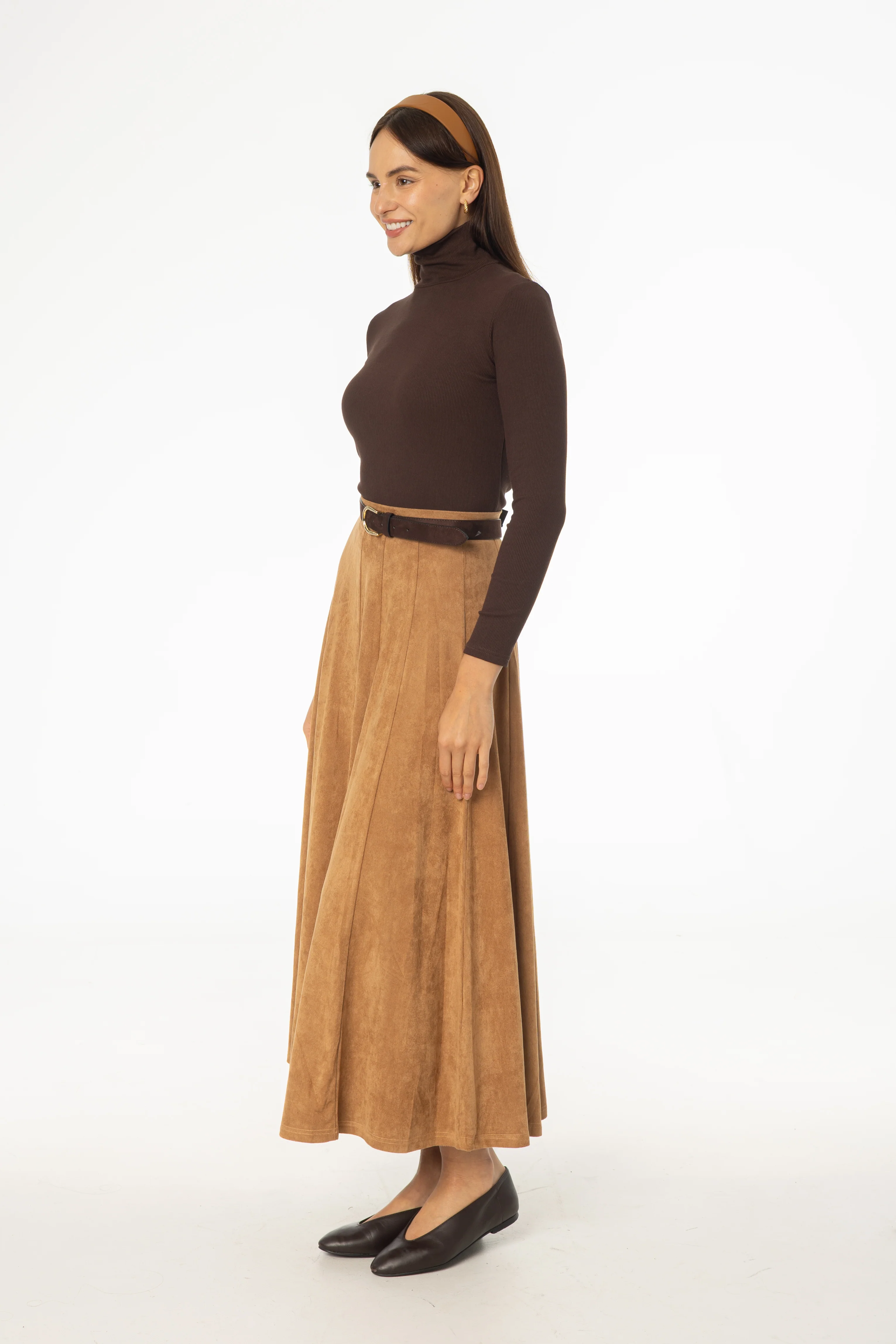 Camel Paneled Microsuede Skirt - Image 2
