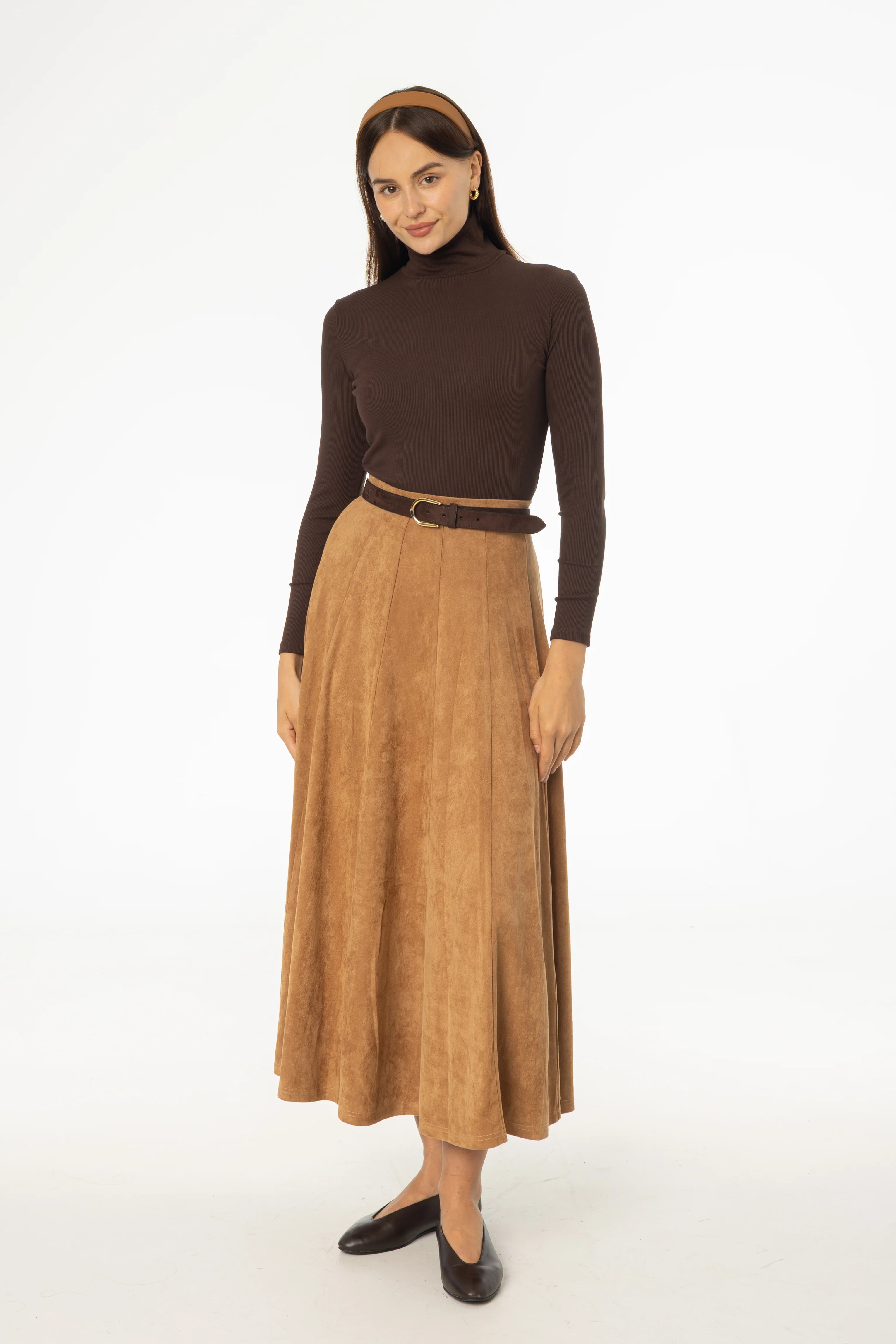 Camel Paneled Microsuede Skirt - Image 4