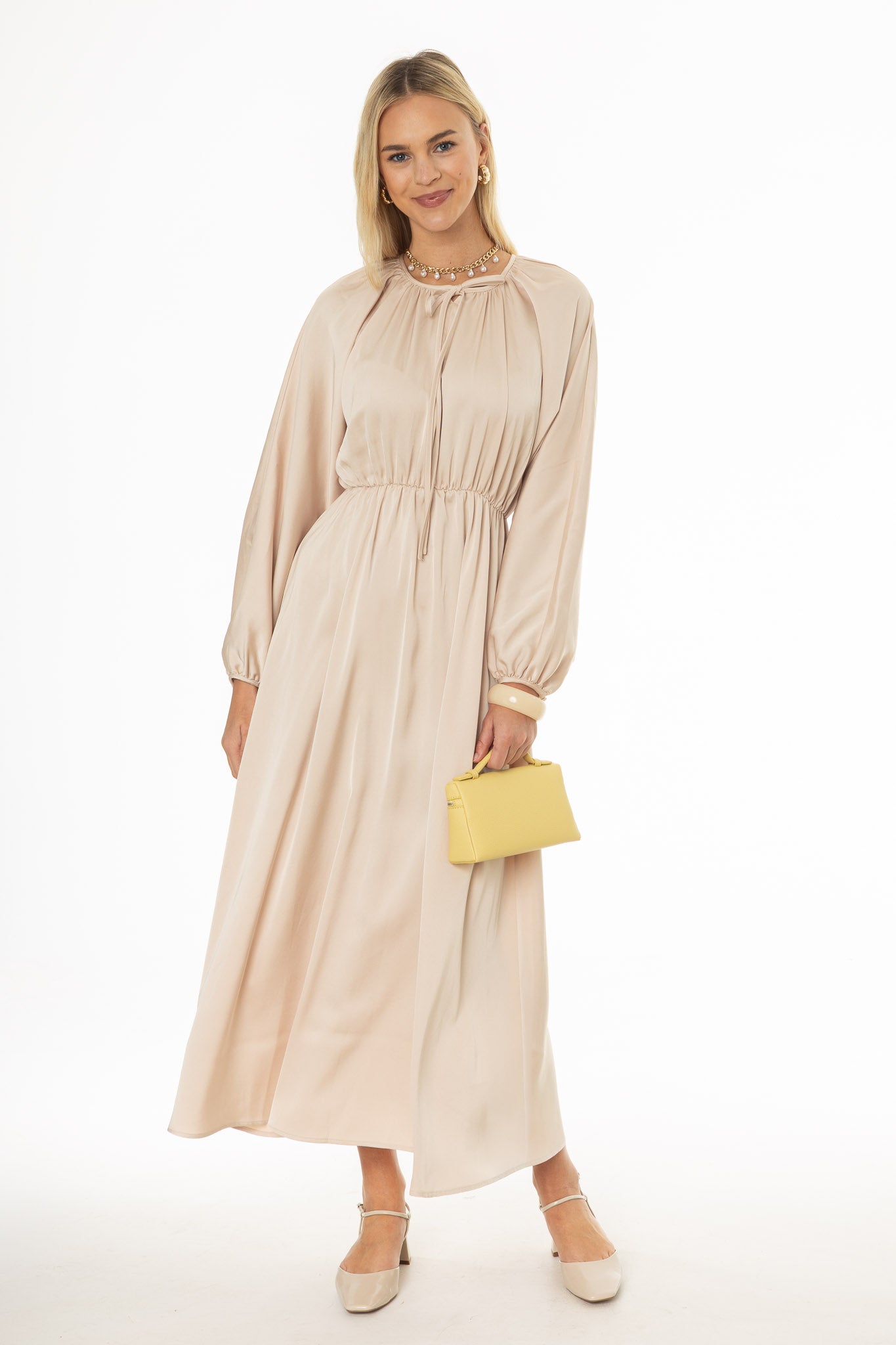 Champagne Tie Neck Flare Maxi Dress