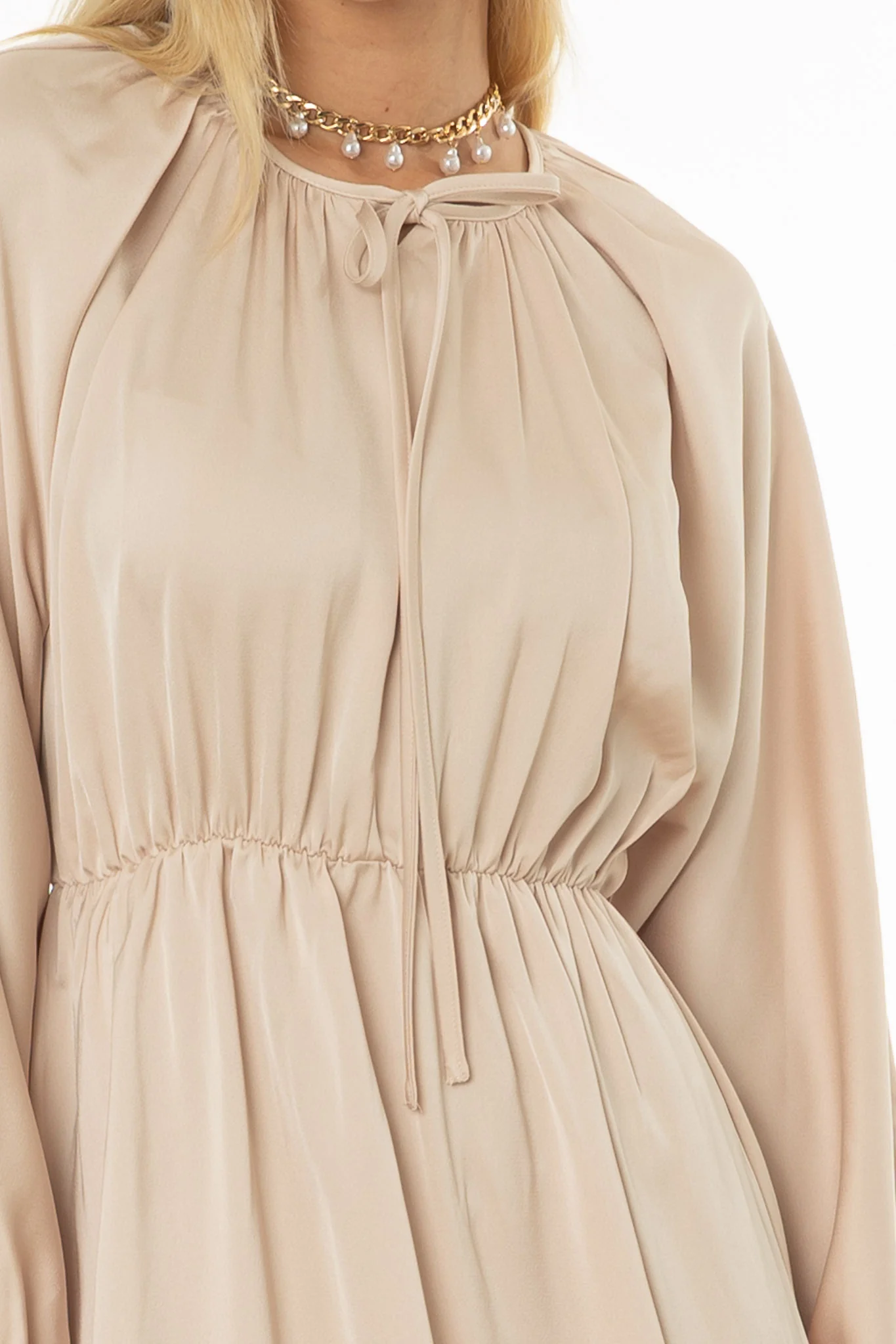 Champagne Tie Neck Flare Maxi Dress - Image 2