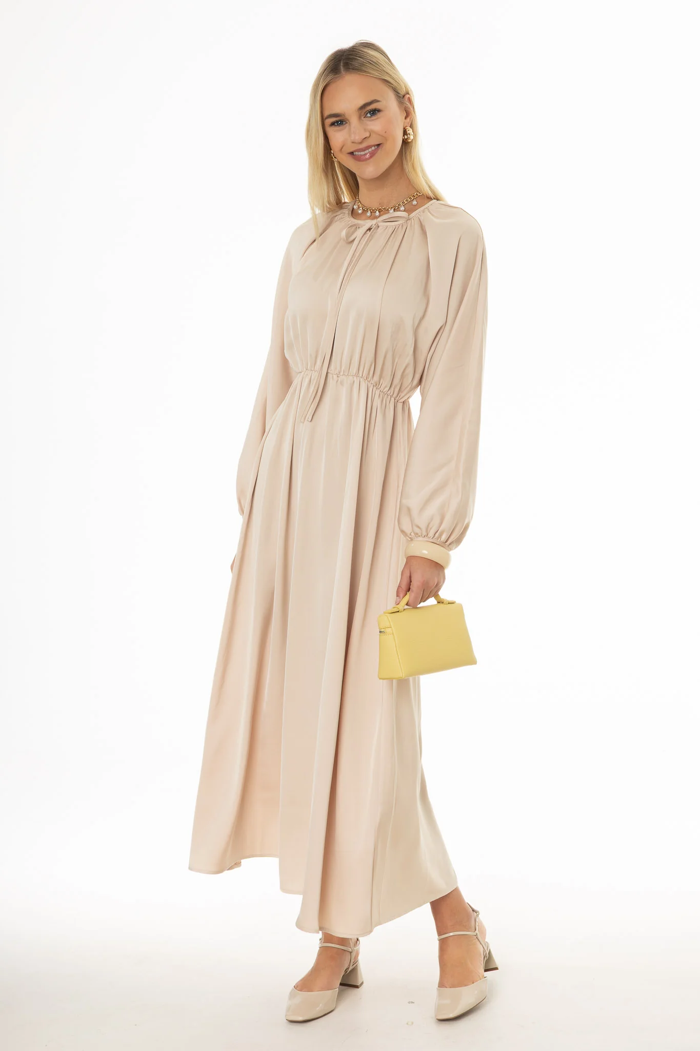 Champagne Tie Neck Flare Maxi Dress - Image 3