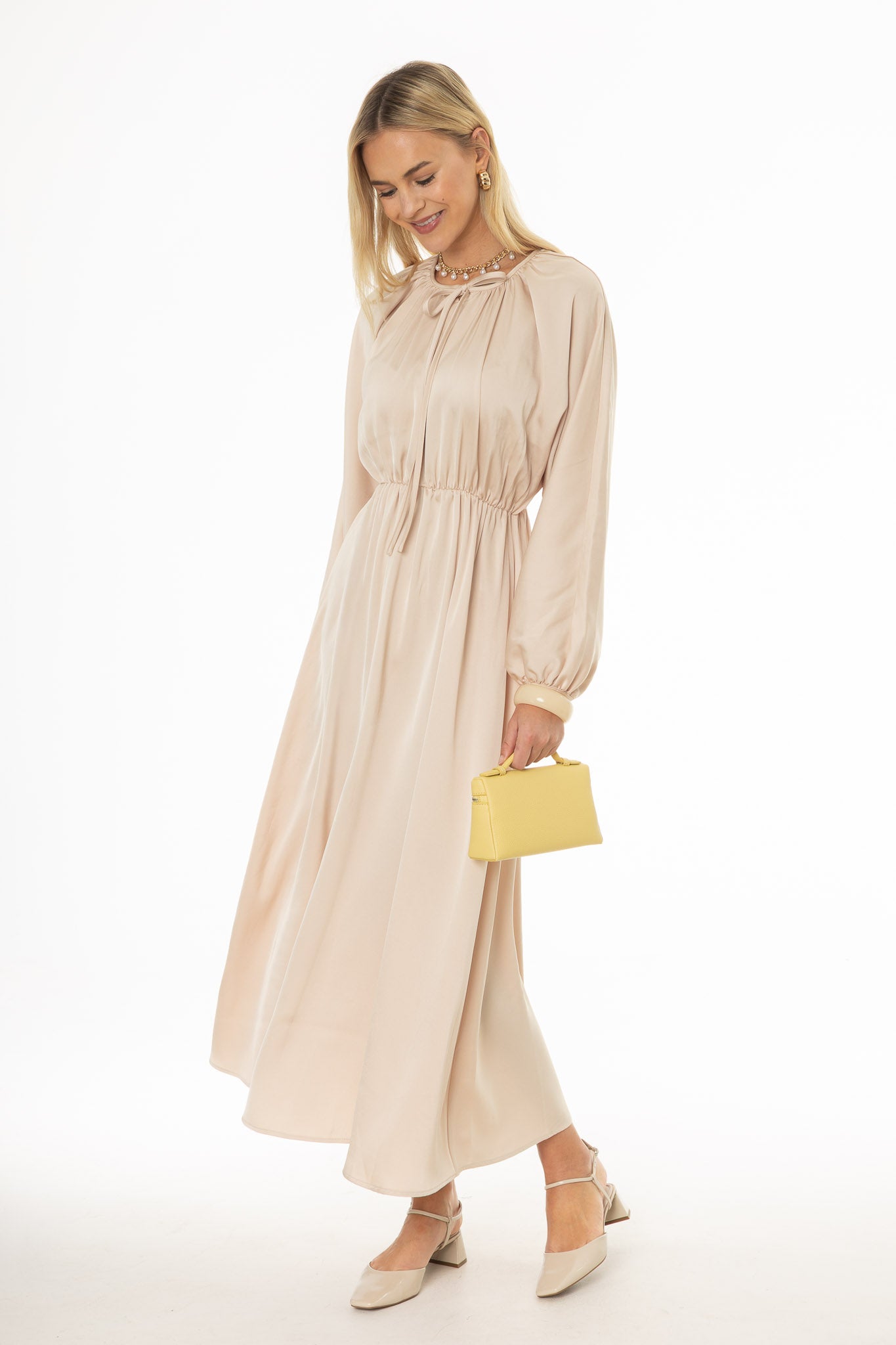 Champagne Tie Neck Flare Maxi Dress - Image 4