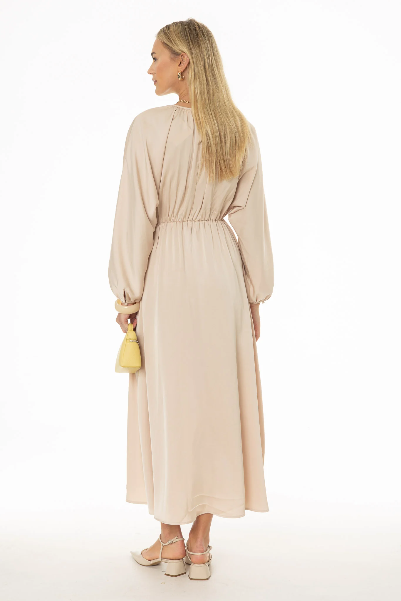 Champagne Tie Neck Flare Maxi Dress - Image 5
