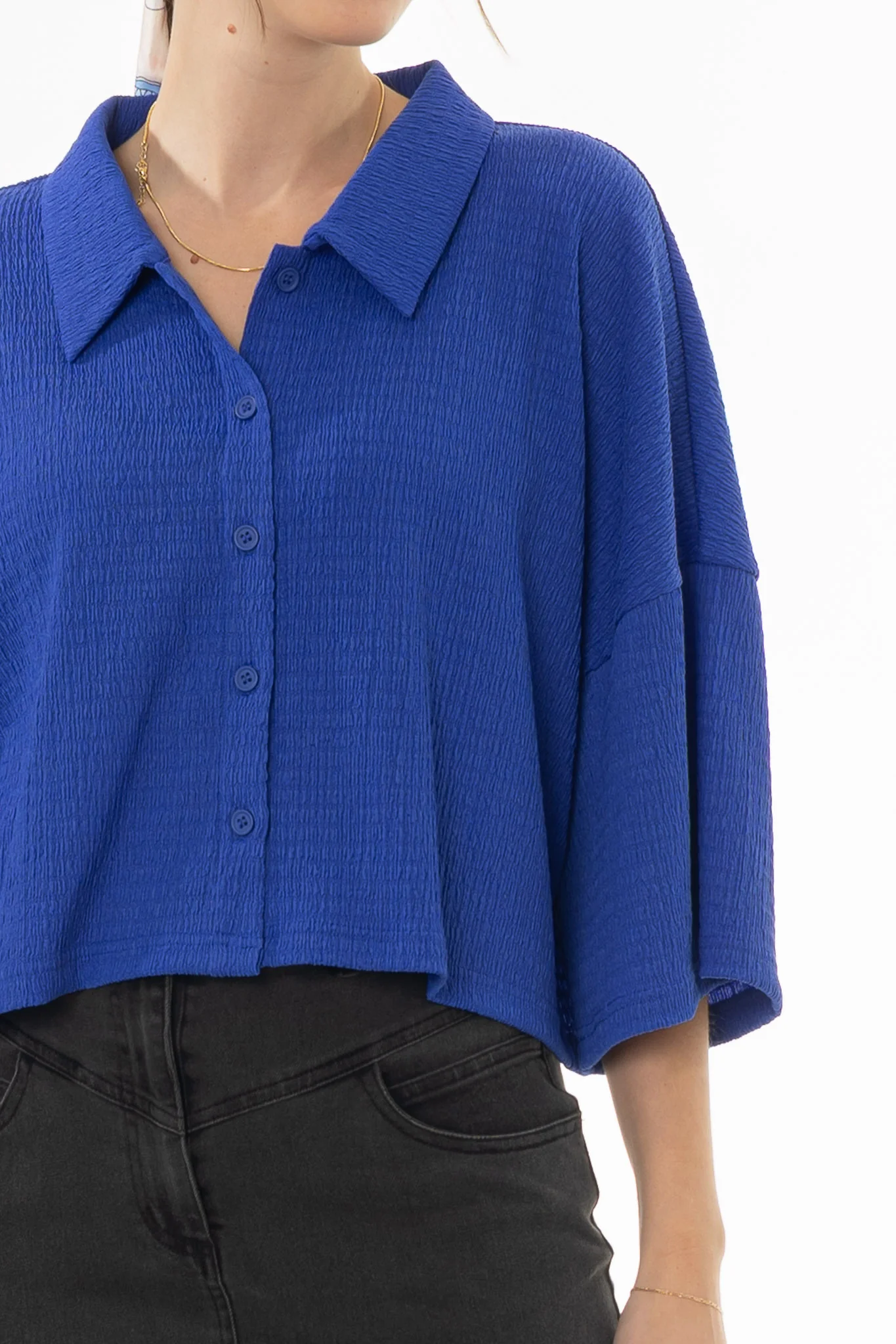 Cobalt Blue Seersucker Cropped Blouse - Image 2