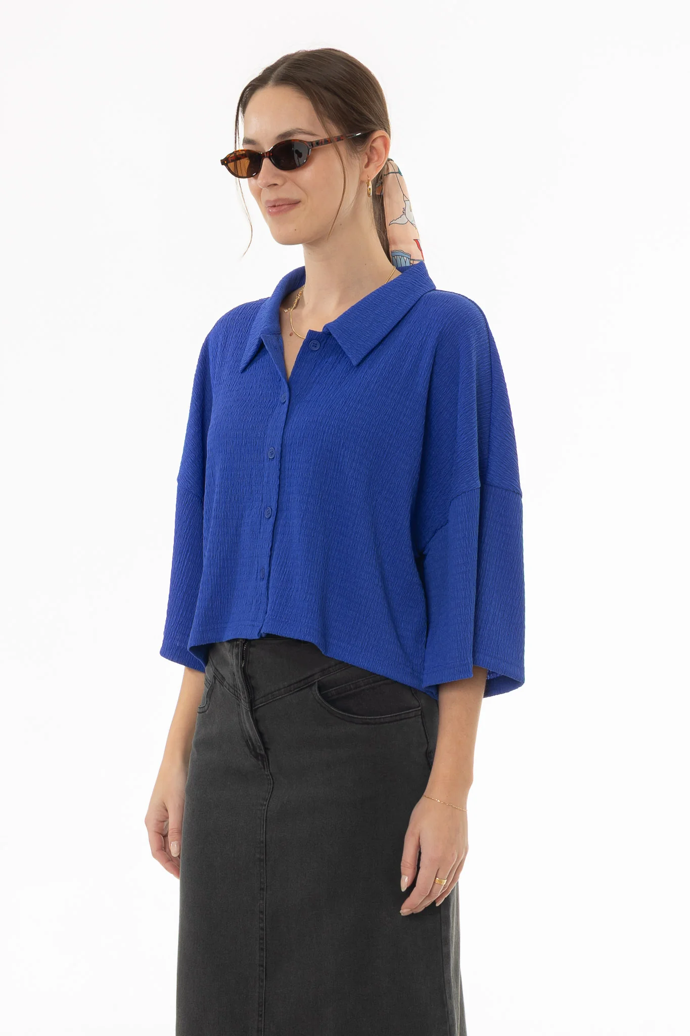 Cobalt Blue Seersucker Cropped Blouse - Image 3