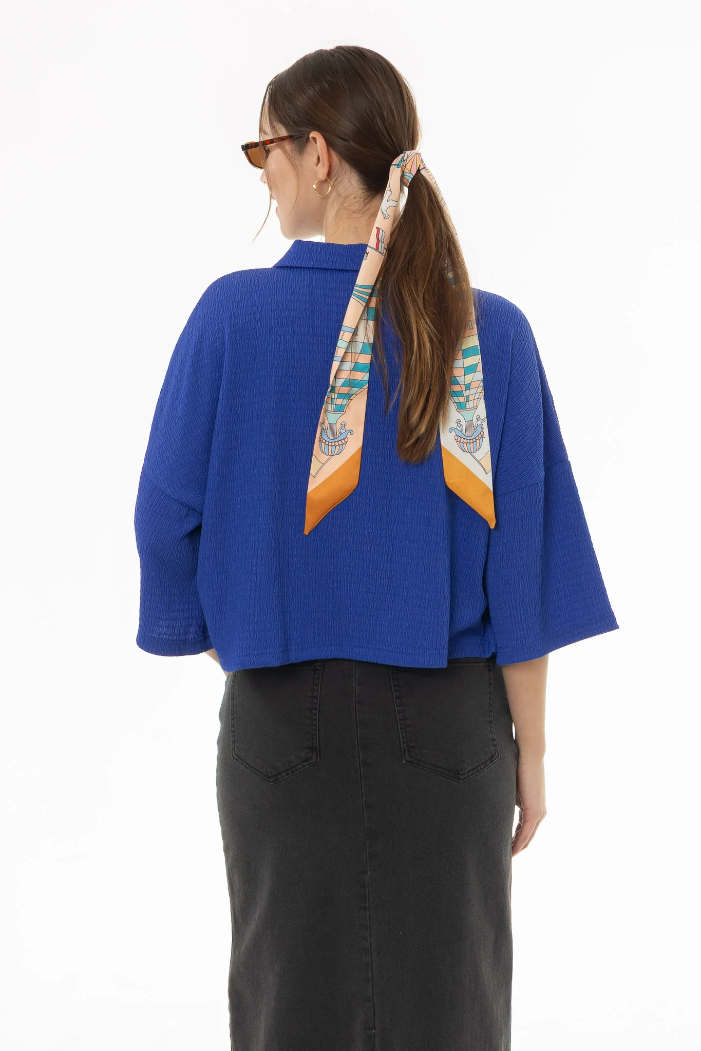 Cobalt Blue Seersucker Cropped Blouse - Image 4
