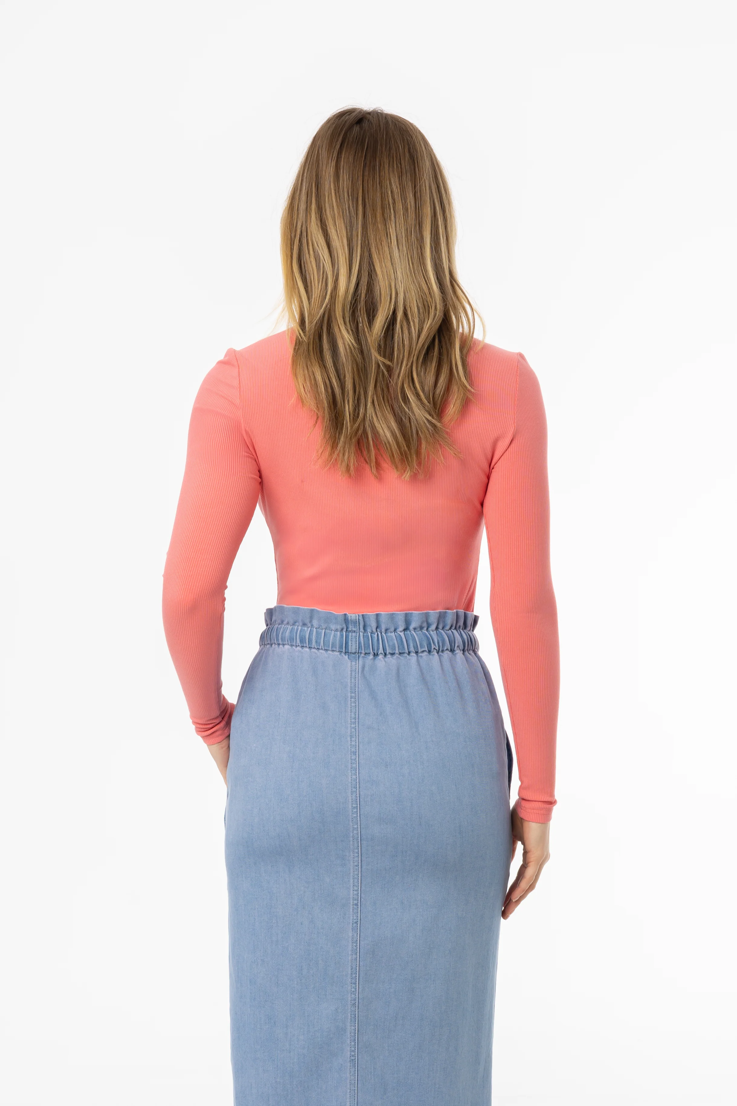 Coral Ribbed V Neck Long Sleeve T-Shirt - Image 3