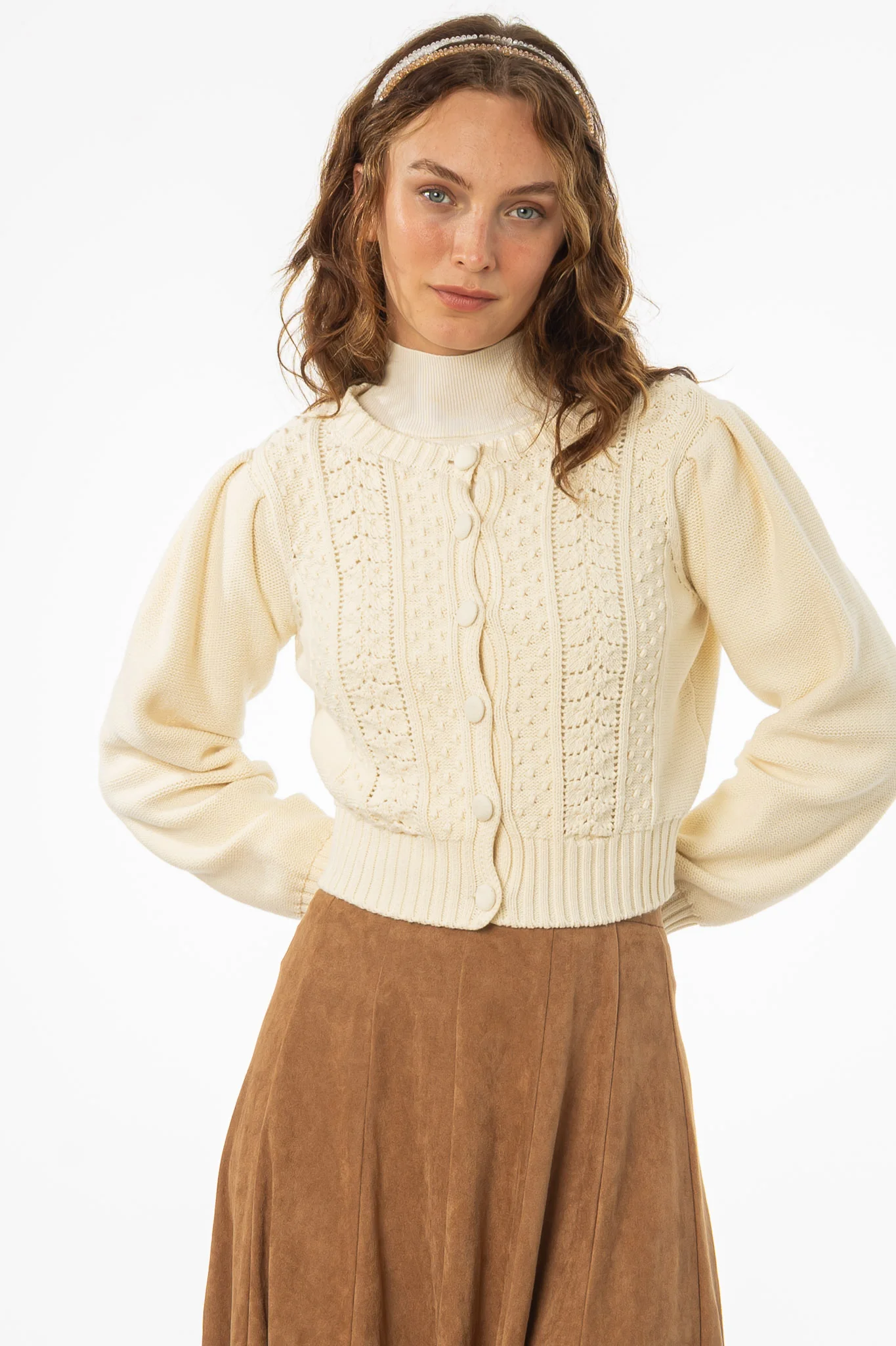 Cream Cropped Crochet Cardigan - Image 2