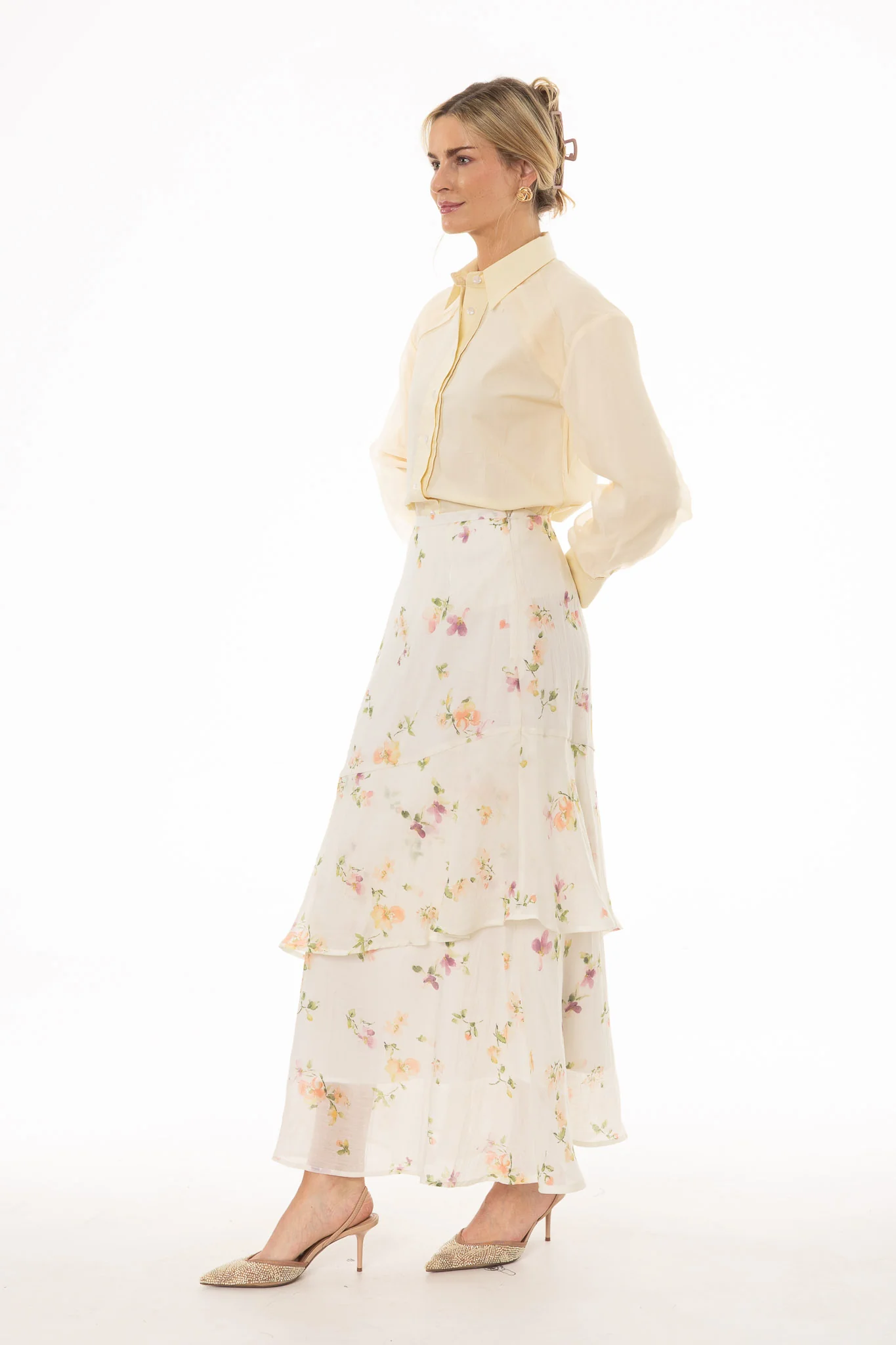 Cream Floral Printed Ruffle Maxi Skirt - Image 3