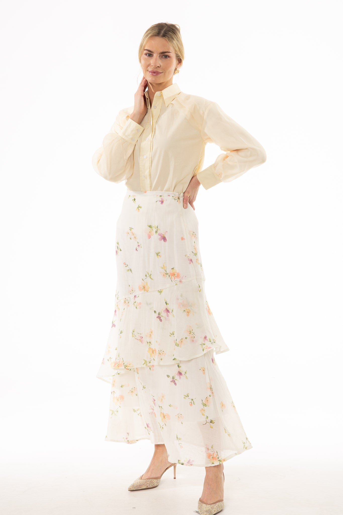 Cream Floral Printed Ruffle Maxi Skirt - Image 4