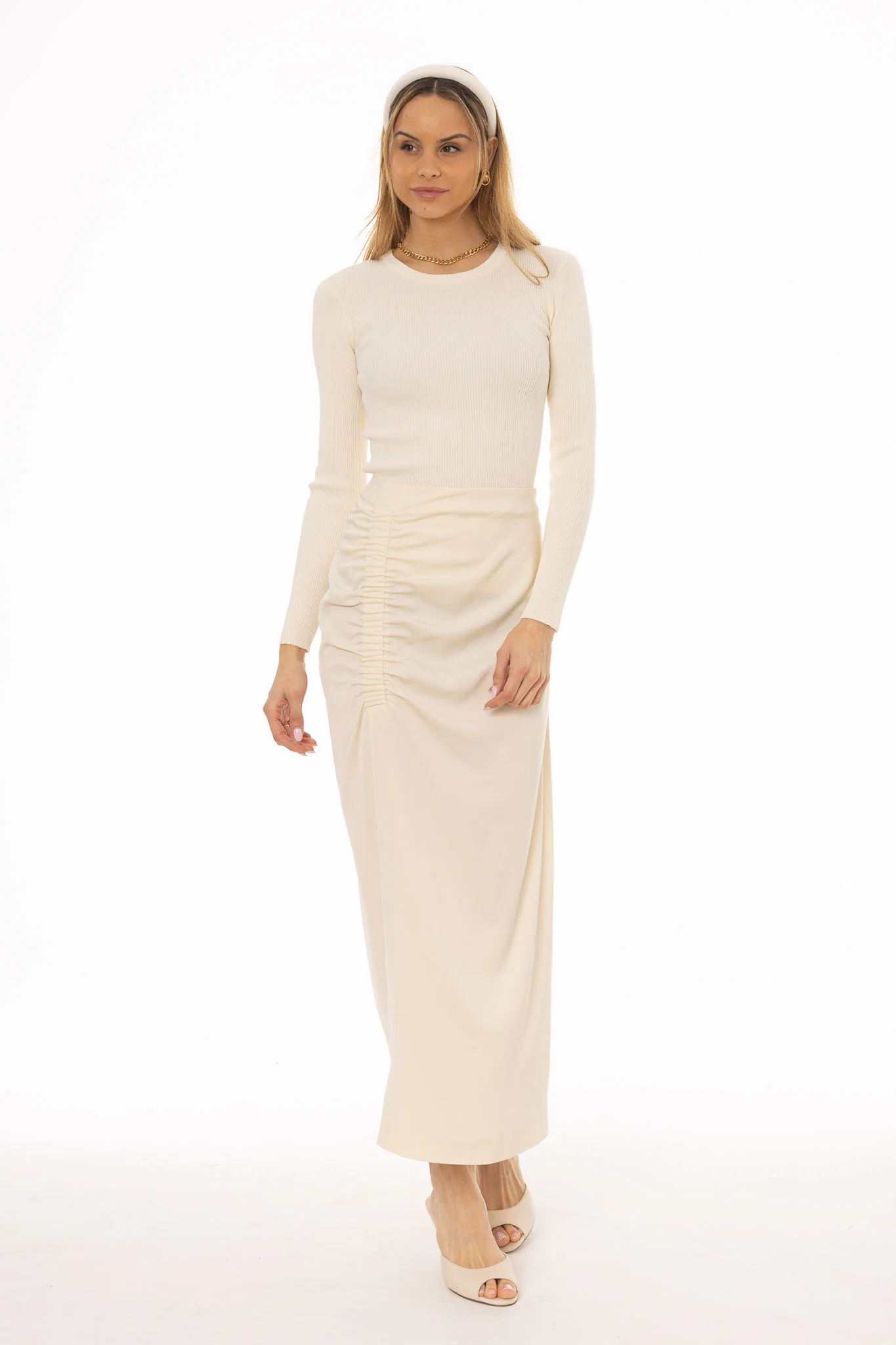 Cream Front Ruched Maxi Skirt