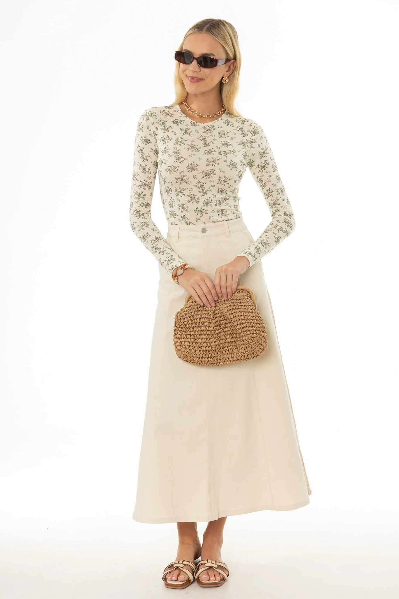 Cream Panel Flare Maxi Skirt
